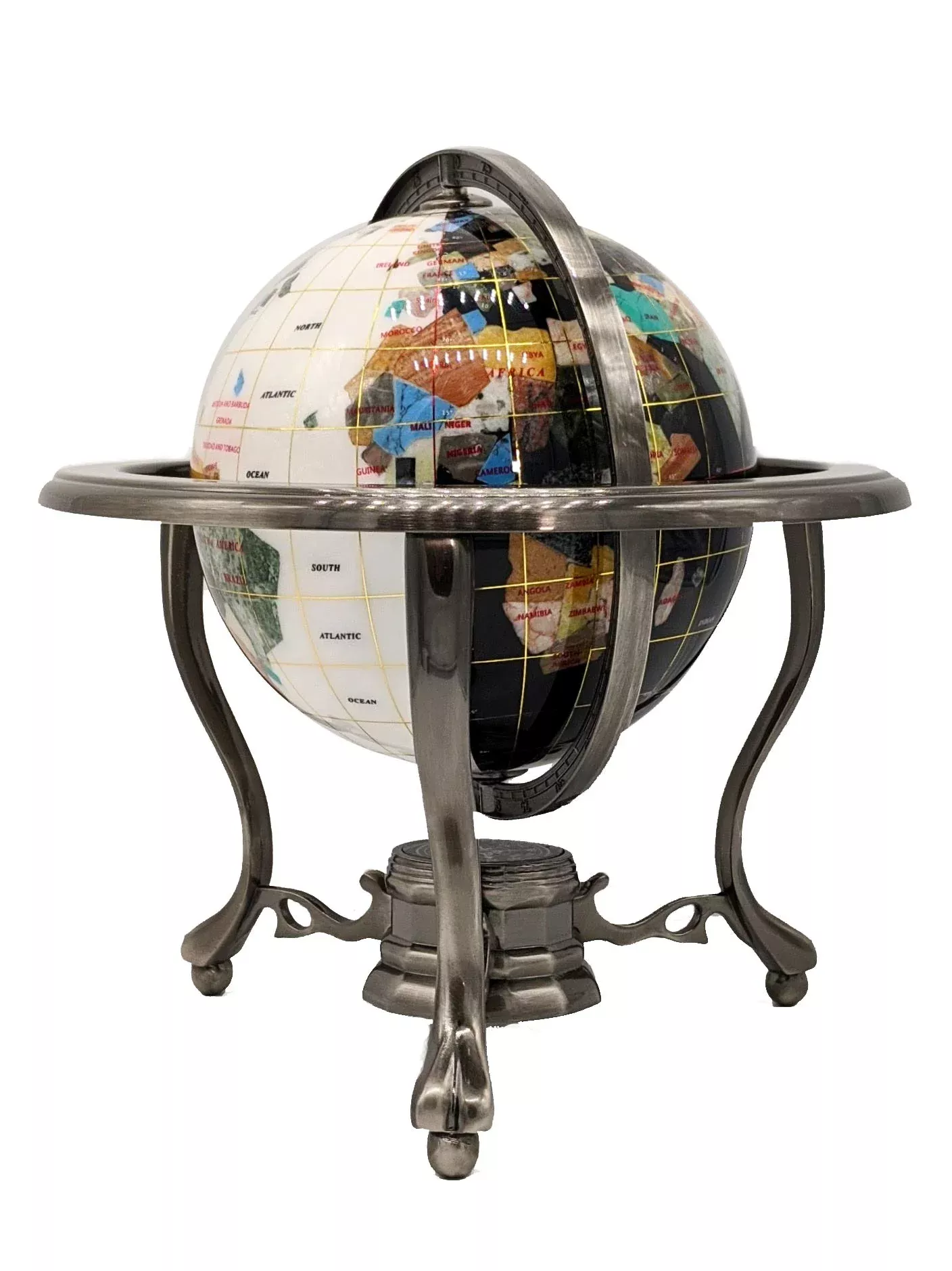 Unique Art Gemstone Globe 10-inch with Brass Compass, Mixed Colors