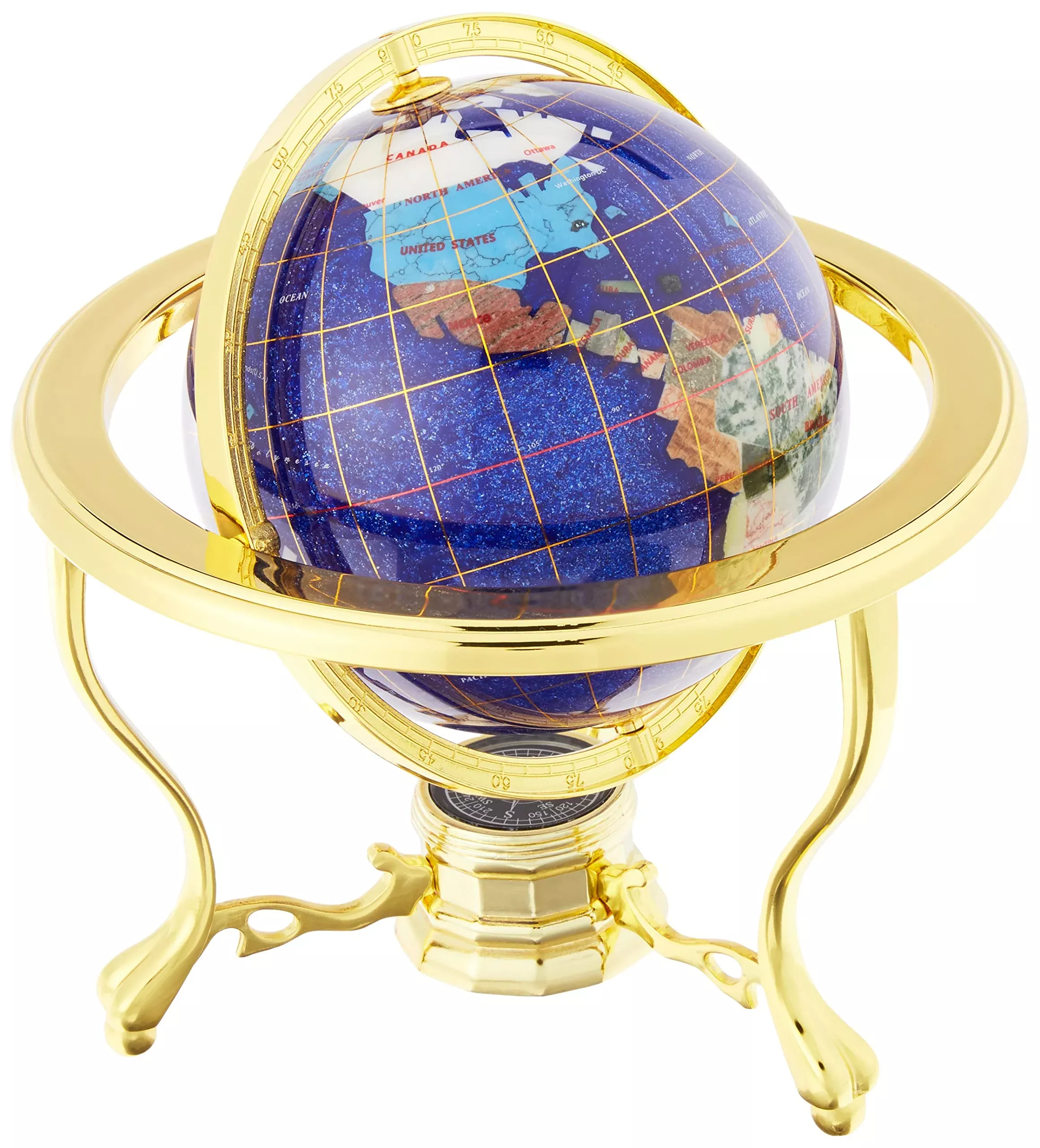 Unique Art Gemstone Globe 6" Diameter Blue with Brass Compass Stand