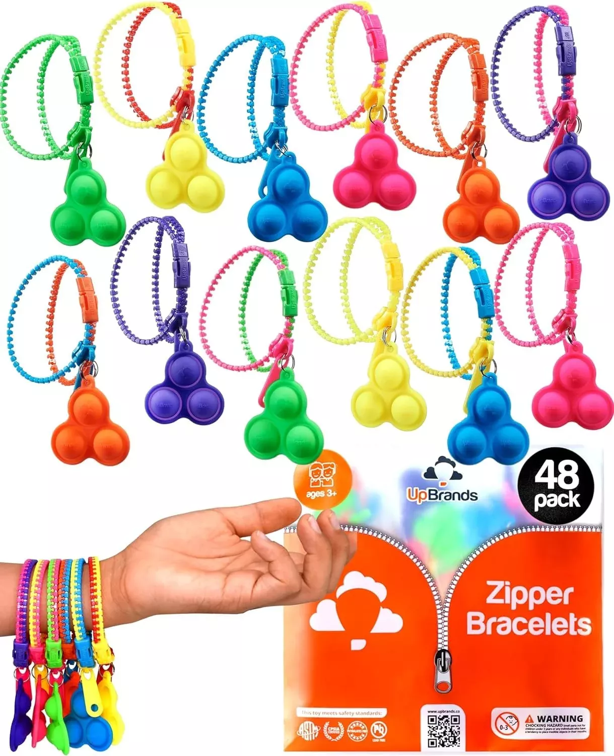 UpBrands Fidget Pop-It Zipper Bracelets 48 Pack Multicolor Sensory Toys