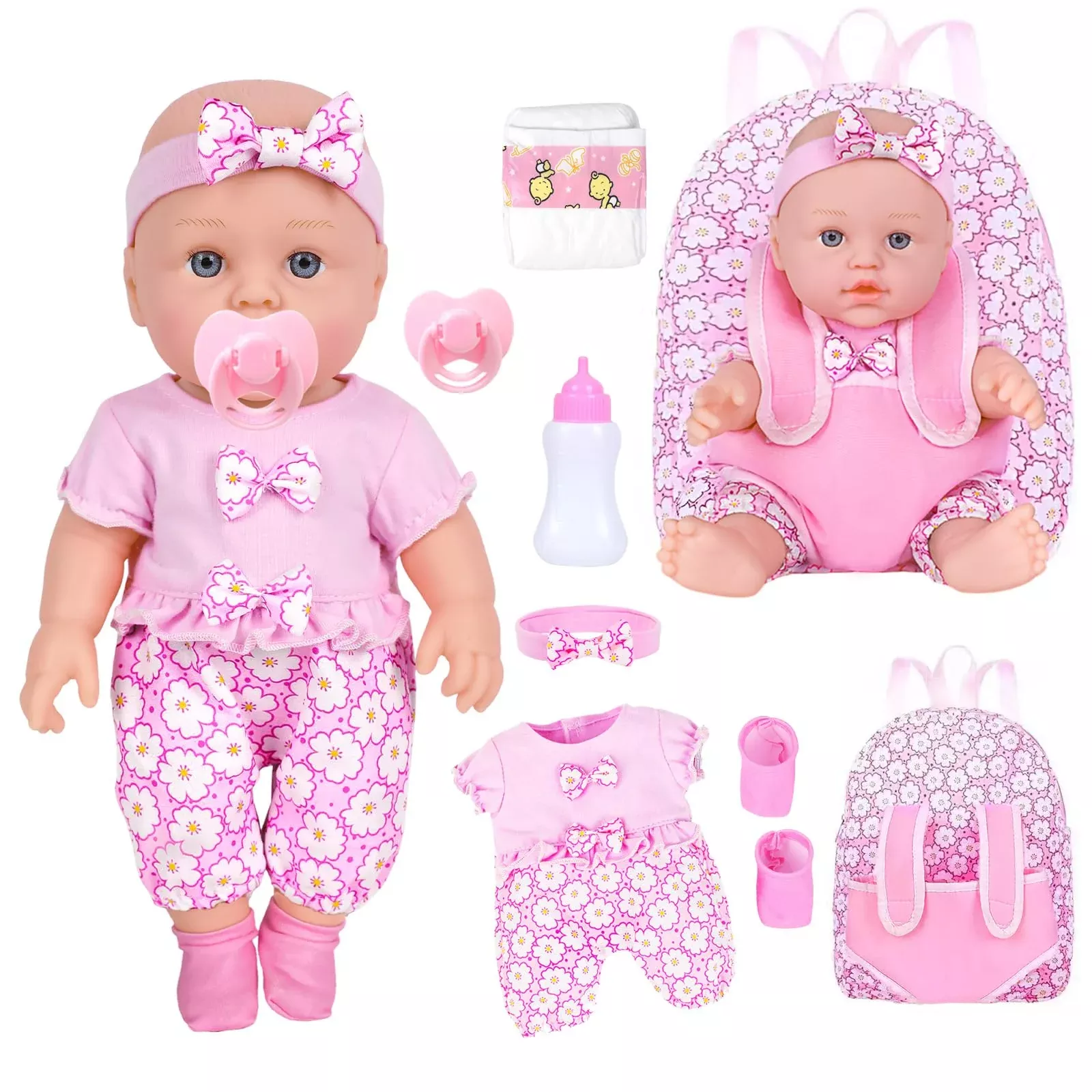 UZIDBTO 12" Baby Doll Playset with Backpack, Pink, Includes Accessories