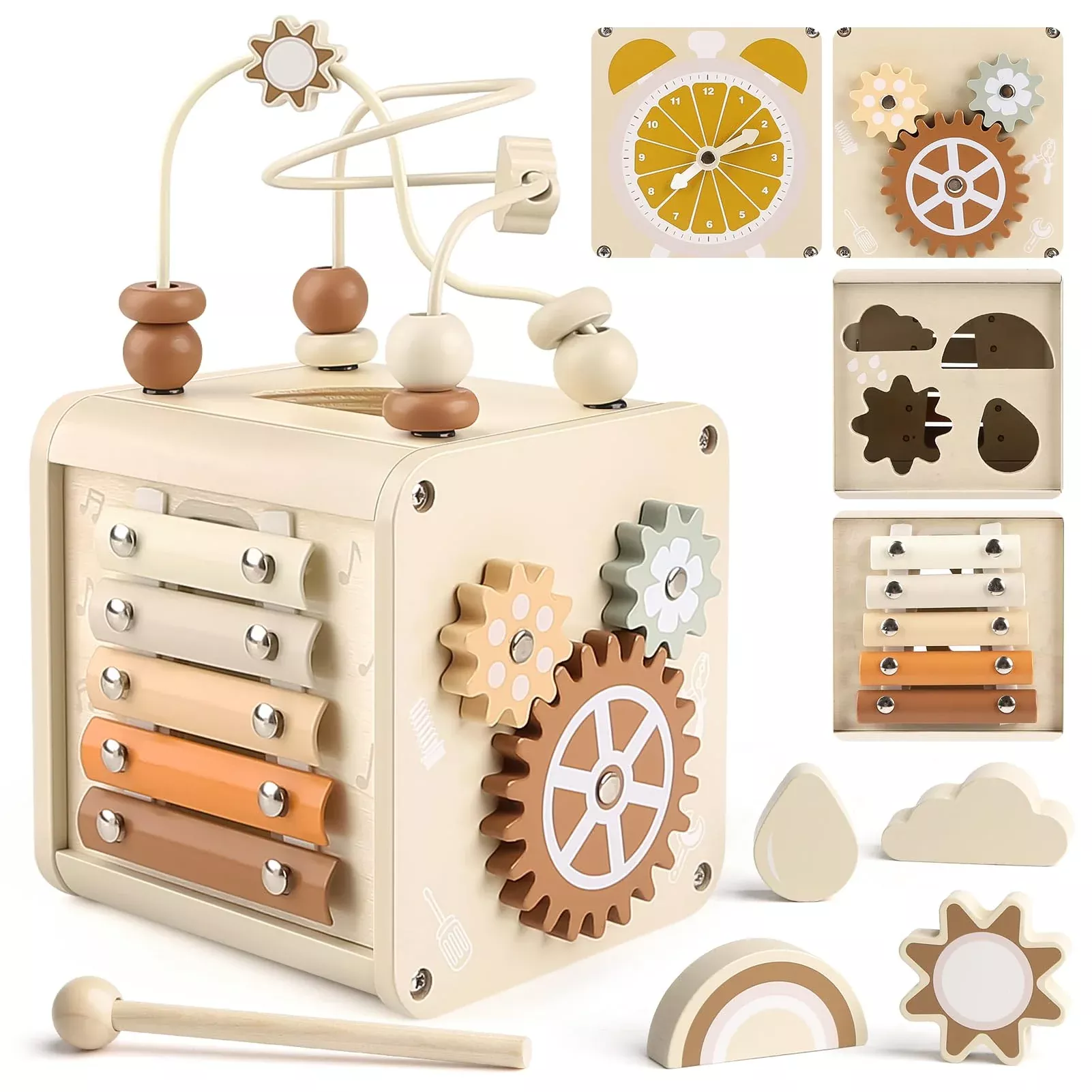 Vanplay Wooden Activity Cube for Toddlers 1-3 Years, Beige and Brown