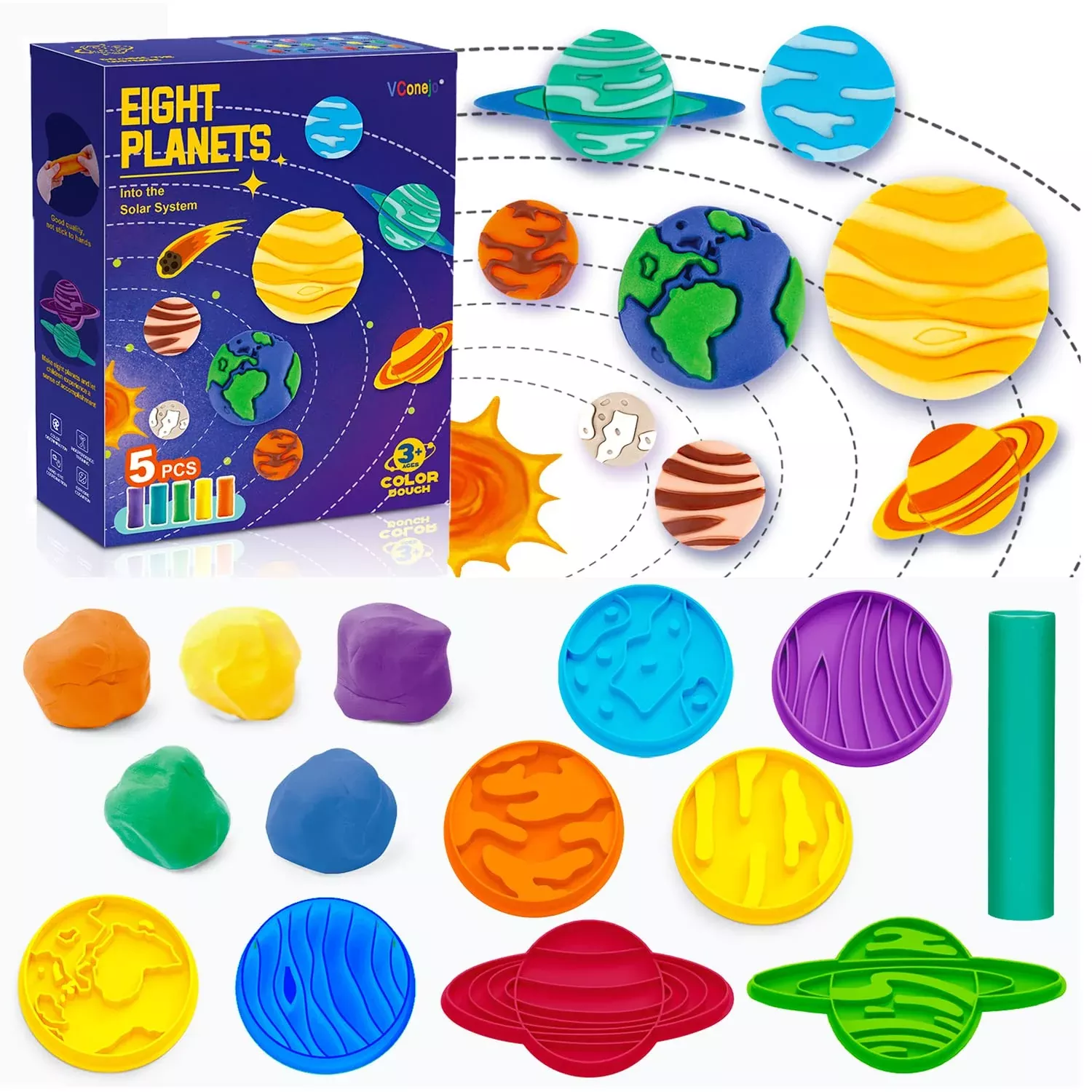 VConejo Color Dough Set for Kids - Planet Theme, Multi-colored, 5 Pack