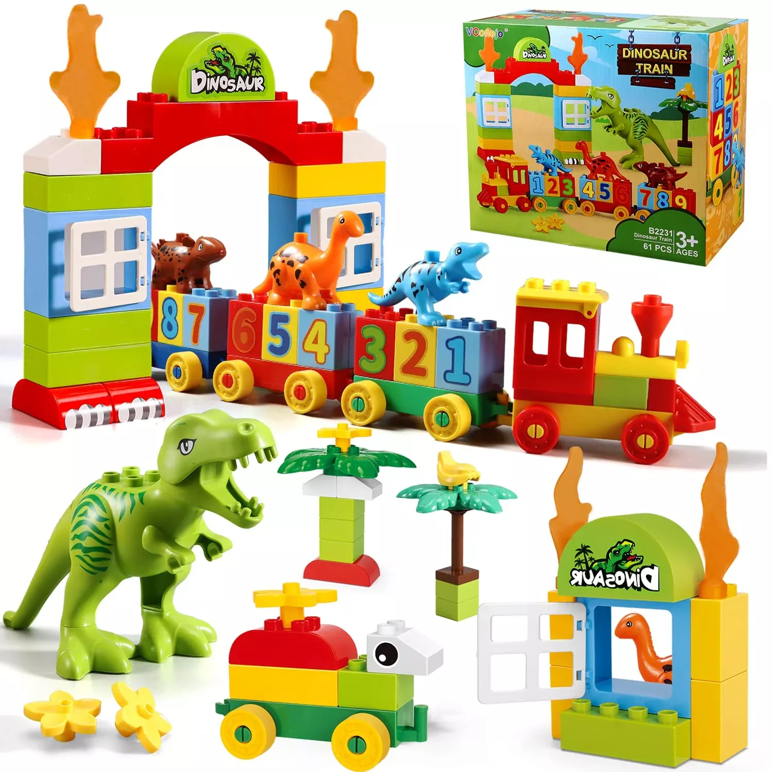 VConejo Dinosaur Building Blocks Toys, Jurassic Theme, T-rex & Train,