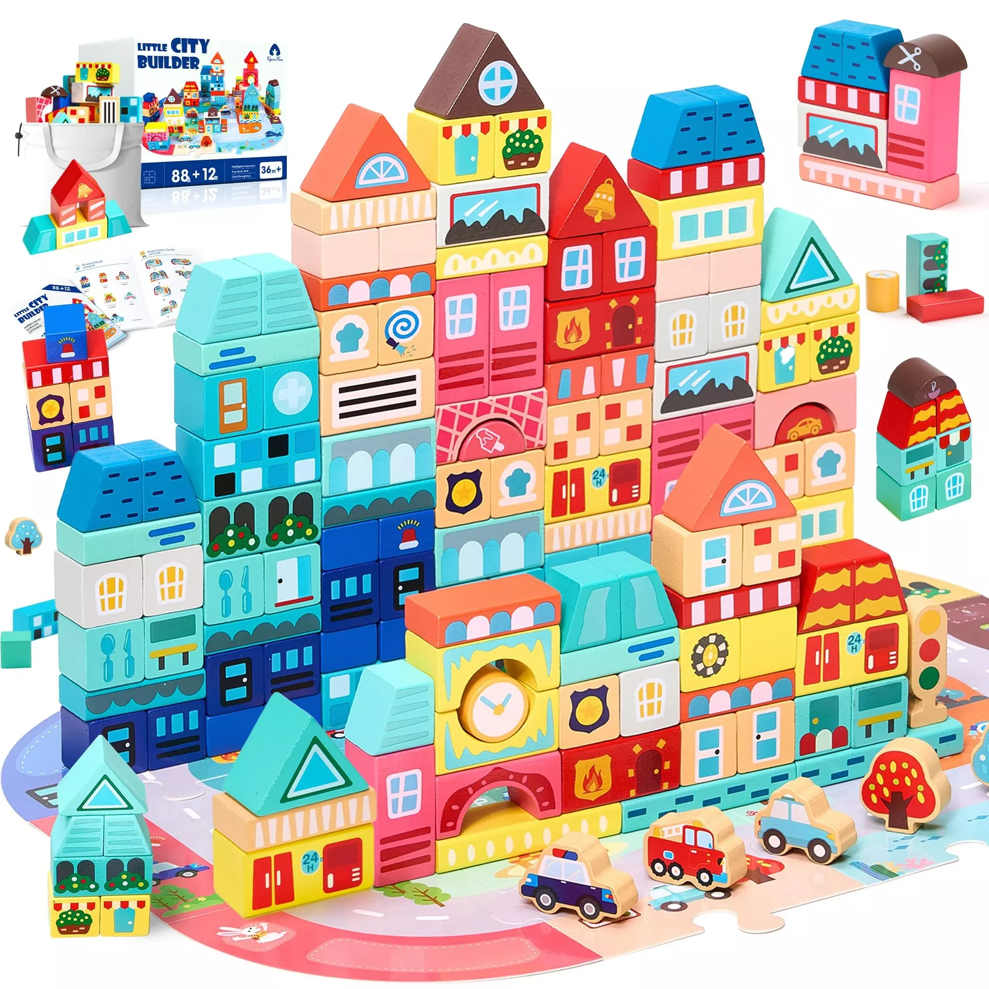 Vigorfun 100 Pcs Wooden Building Blocks Set - City Builder Stacking To