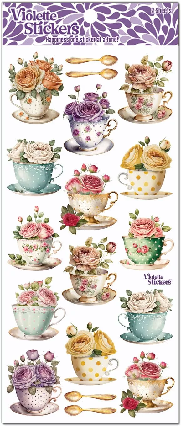 Violette Stickers Mini Teapot & Coffee Stickers Set, Pink, 8 pcs