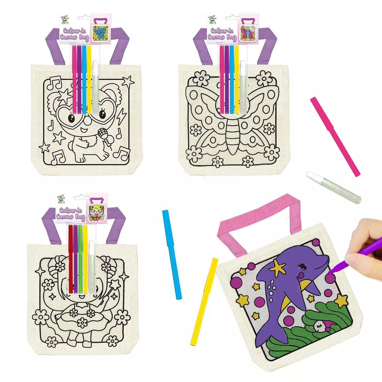 VKPI Coloring Goodie Bags for Kids, Thick Canvas, Medium, 6 Pack