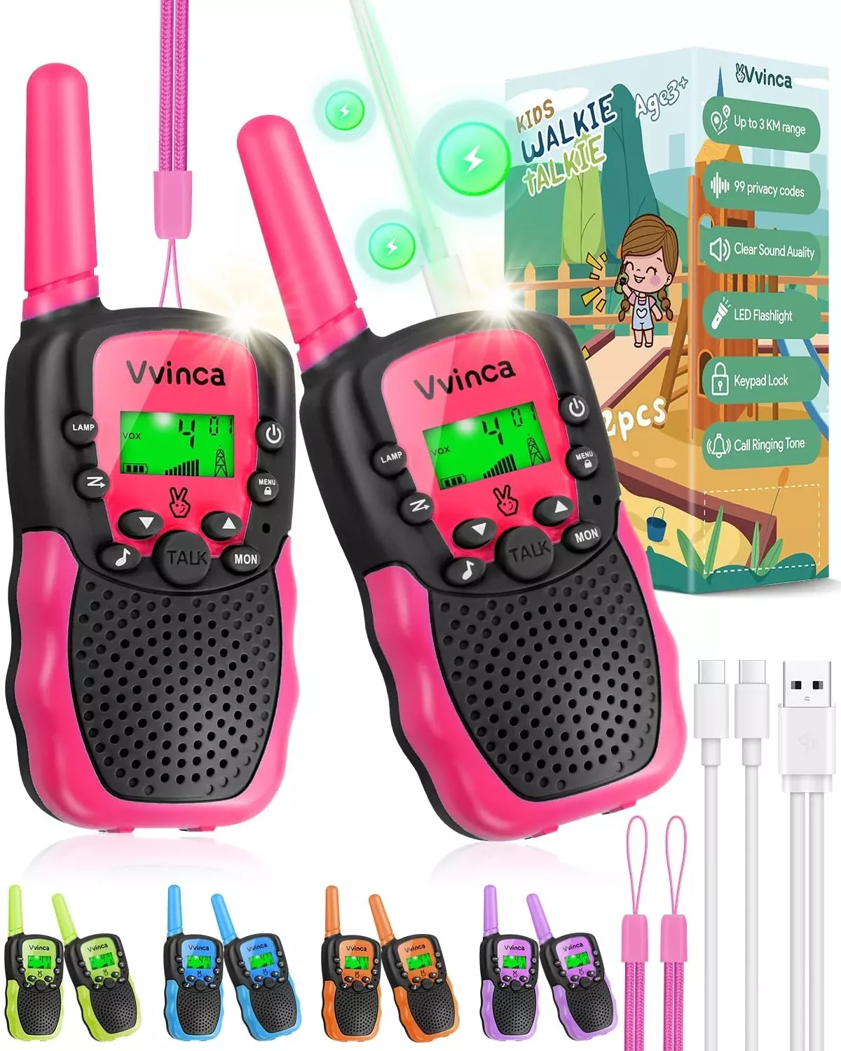 Vvinca Rechargeable Walkie Talkies for Kids, 3000m Range, Black