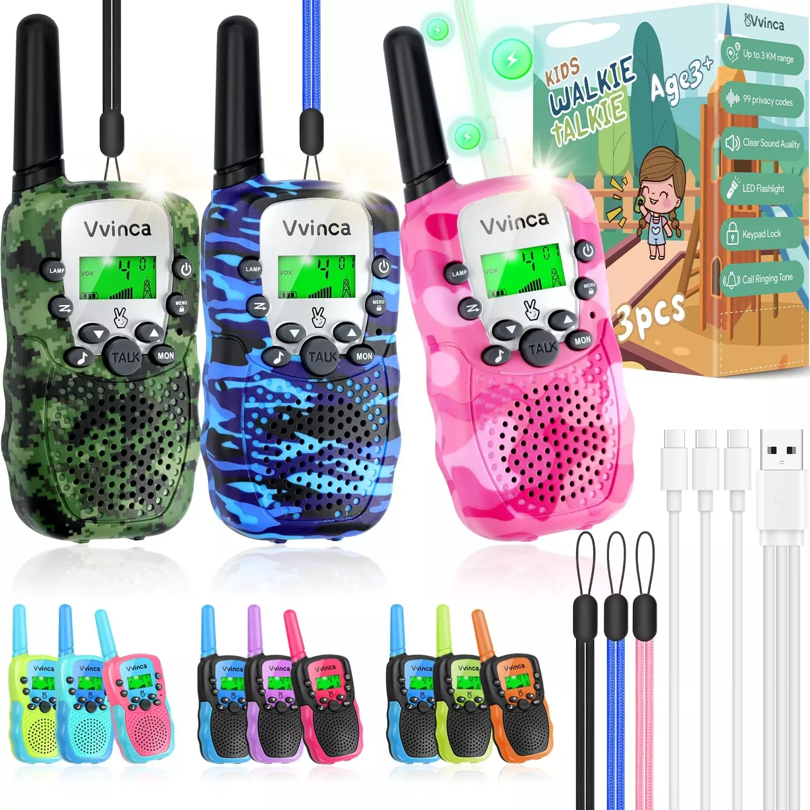 Vvinca Walkie Talkies for Kids, 3 Pack, Rechargeable, Camouflage
