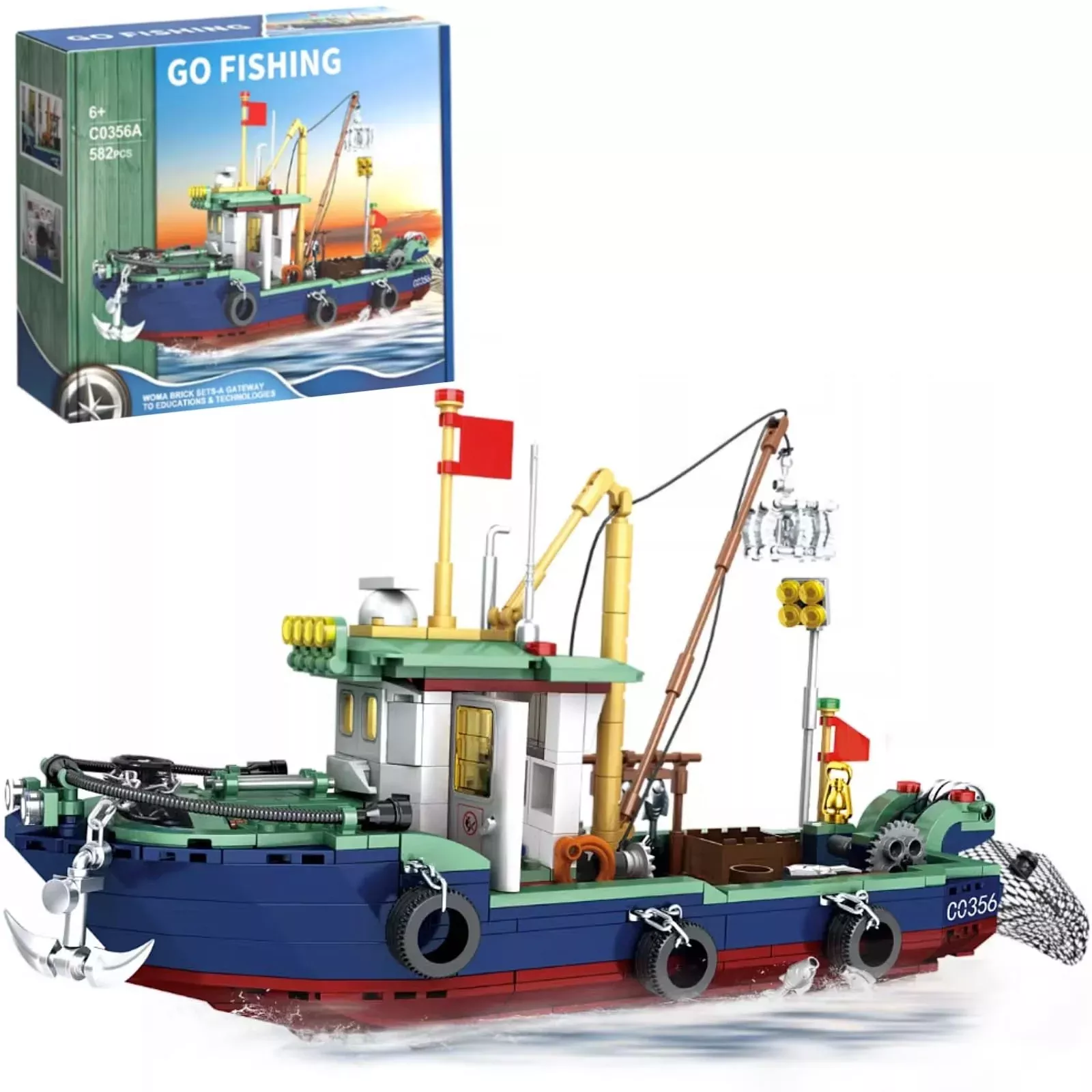 Vziimo Fishing Boat Building Blocks Set, 582 PCS Marine Theme Model Ki