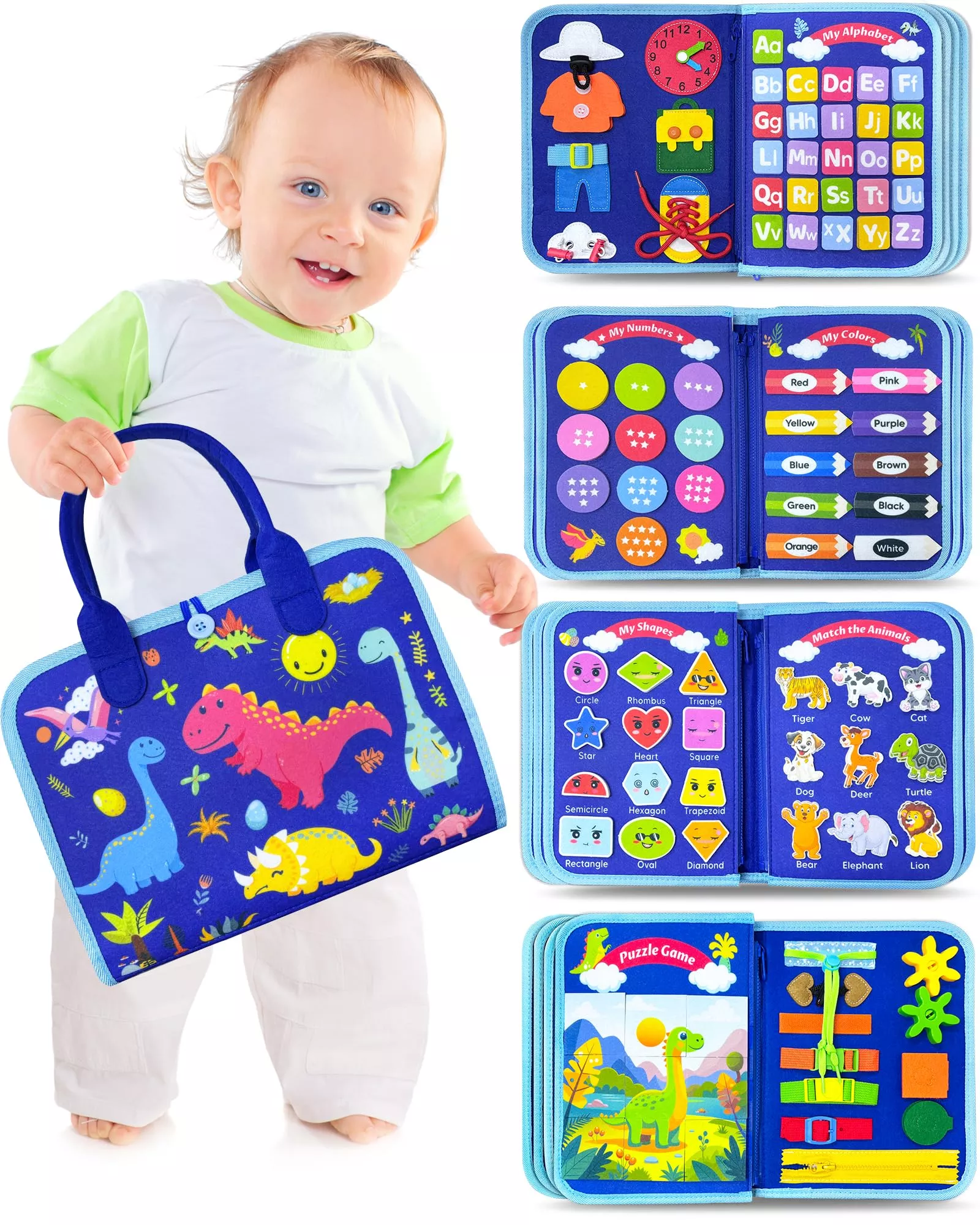 Walenty Blue Dinosaur Busy Board, 8 Pages, 8.5 x 5.