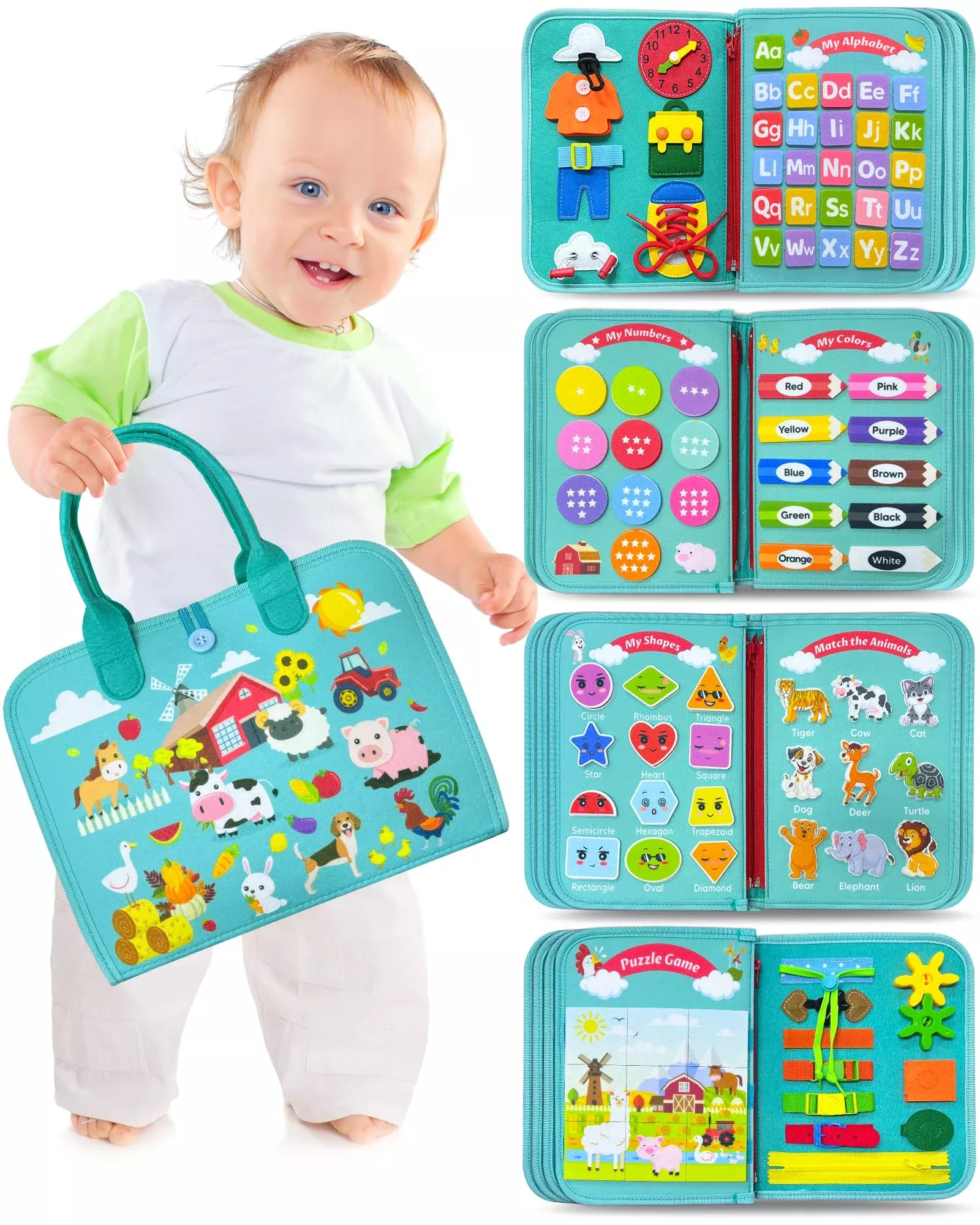 Walenty Green Farm Busy Board for Toddlers, 8 Pages, Small