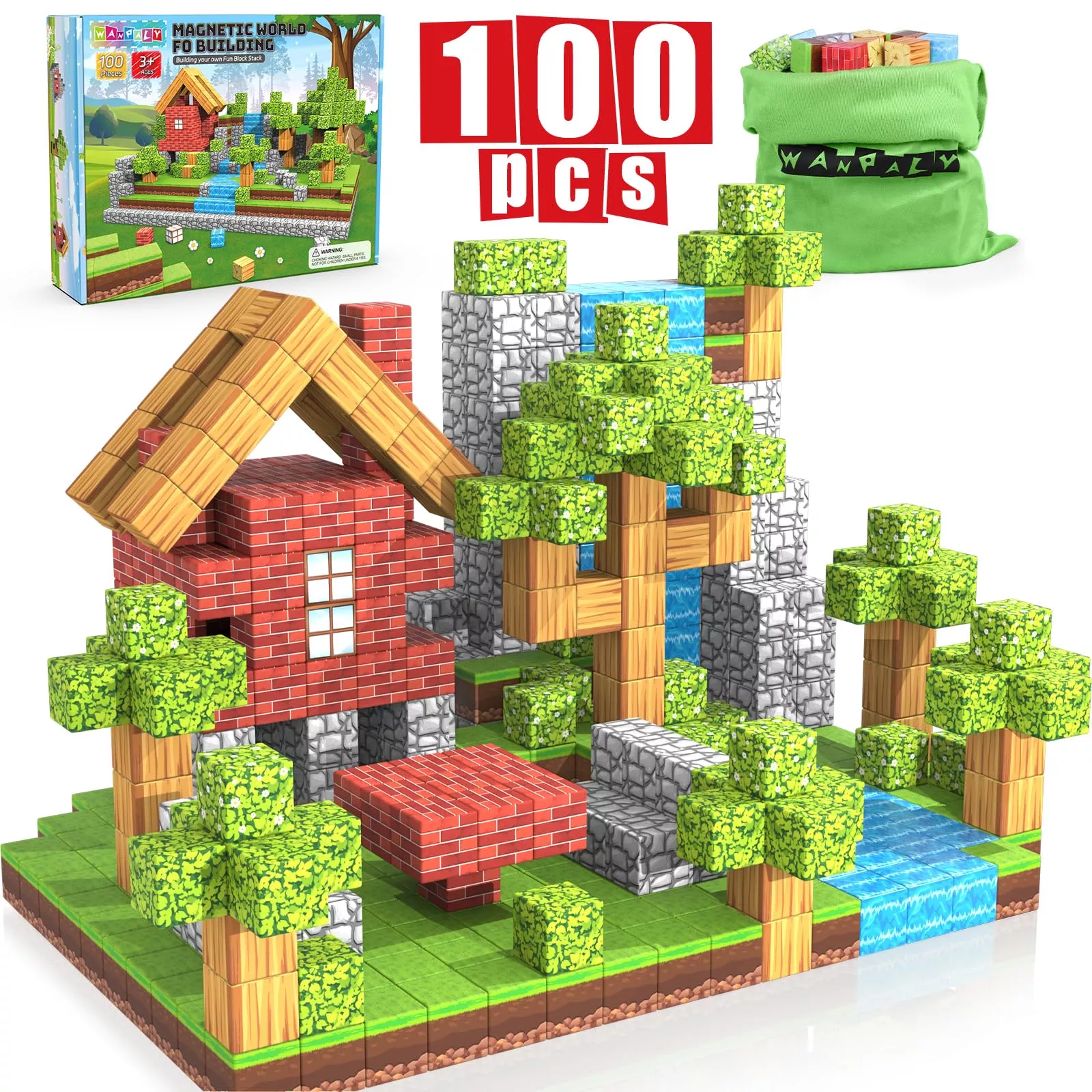 Wanplay Magnetic Building Blocks - 100PCS, 1 inch Plastic Sensory Toys