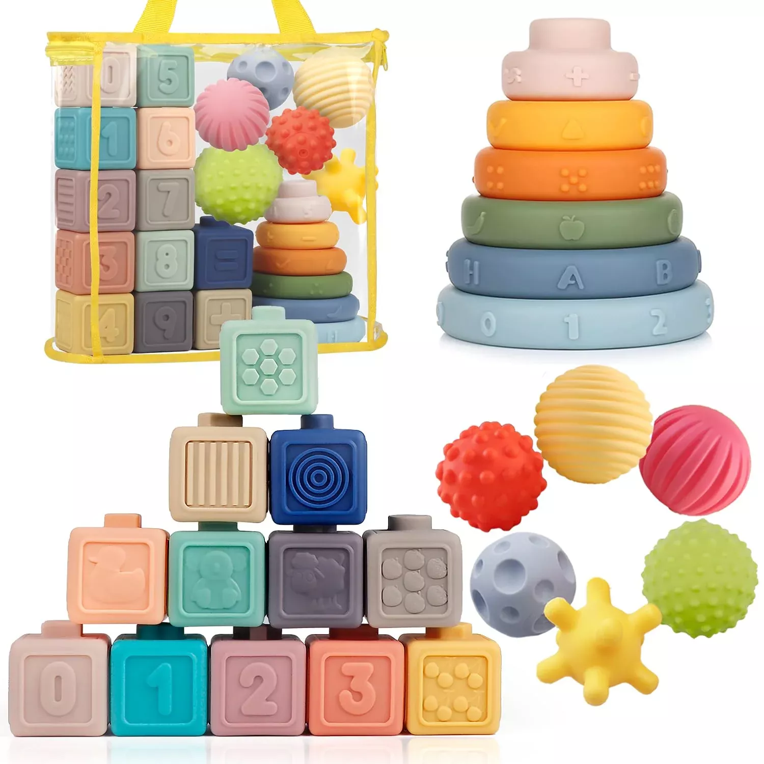 Weilim Montessori Soft Stacking Blocks & Rings Toy Bundle, 3 in 1