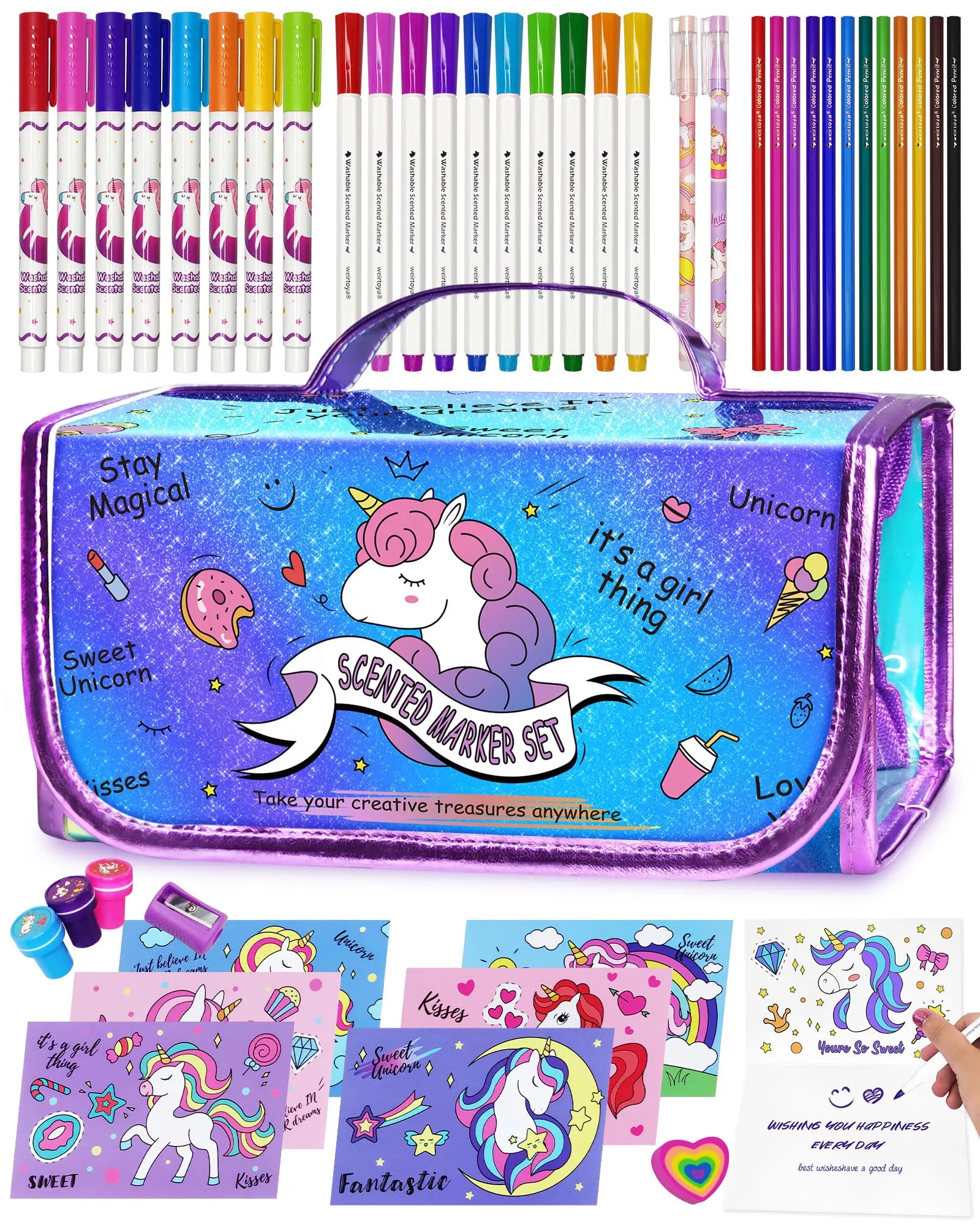 Weirtoya Washable Fruit Scented Markers Set With Unicorn Pencil Case S
