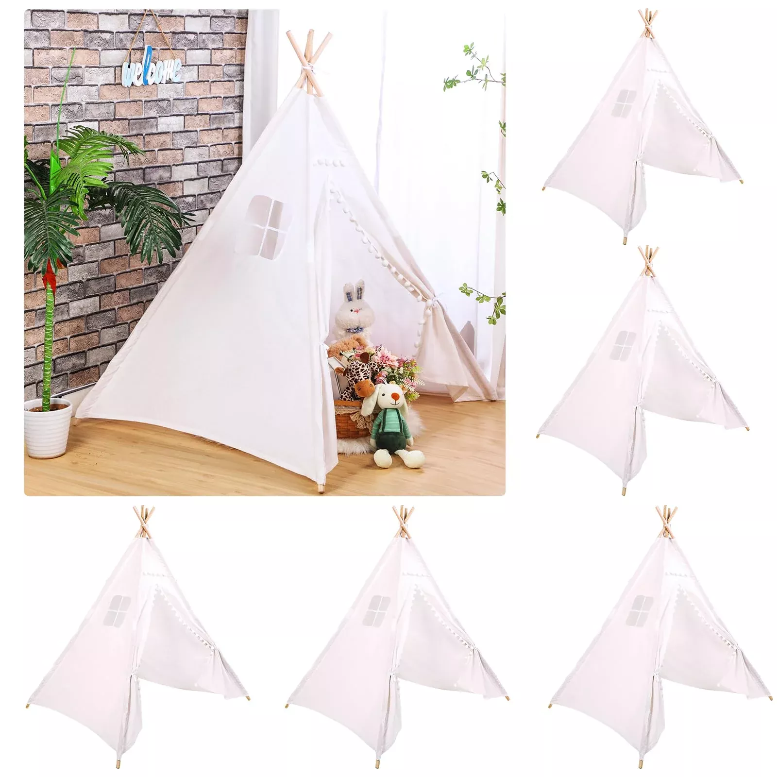 Windyun Teepee Tent Set for Kids, 6 Complete Sets, White, 63 Inch