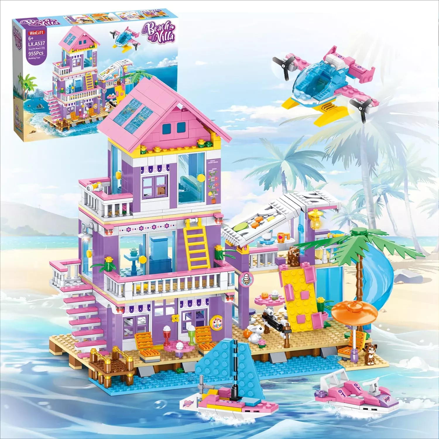 WINGIFT Beach House Building Set - 955 Pieces, Pink, STEM Toys with He