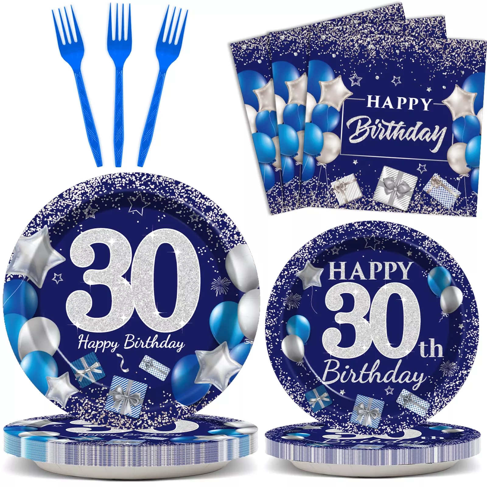 Wiooffen 30th Birthday Party Plates Set, Blue and Silver, 24 Guests