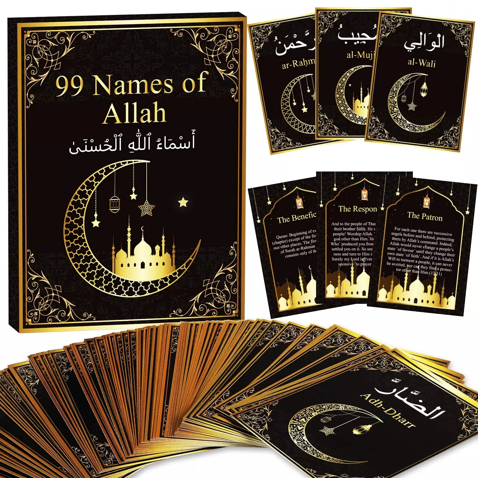 Wiooffen 99 Names of Allah Flashcards Black and Gold, Double-Sided