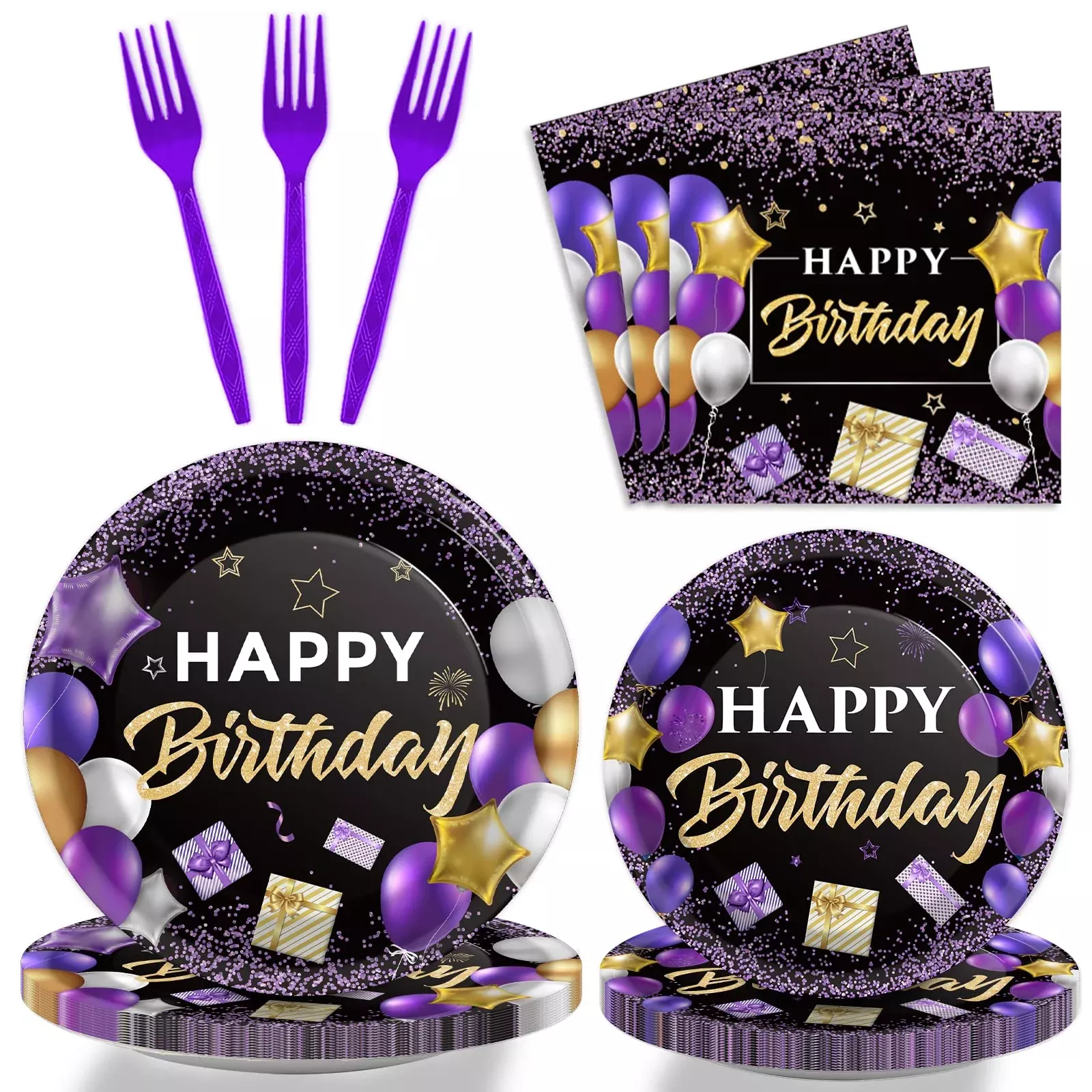 Wiooffen Purple Black Birthday Party Tableware Set for 24 Guests