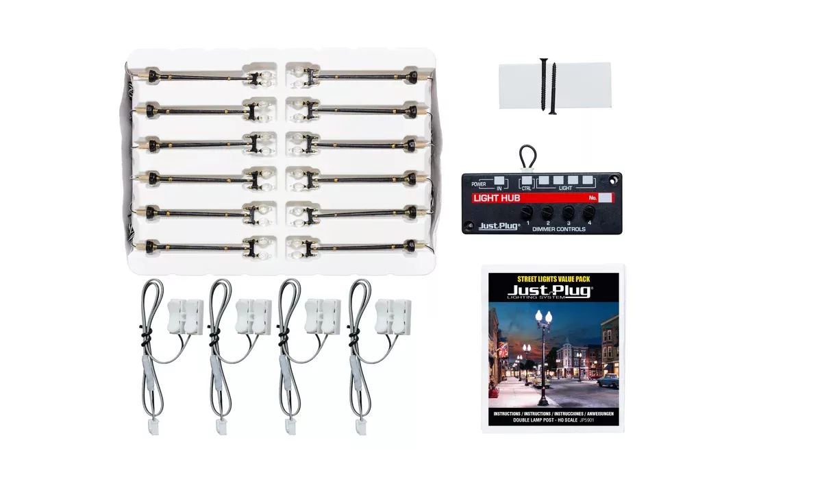 Woodland Scenics JP5901 HO Scale Just Plug Value Pack Double Pole Lamp Post with Light Hub