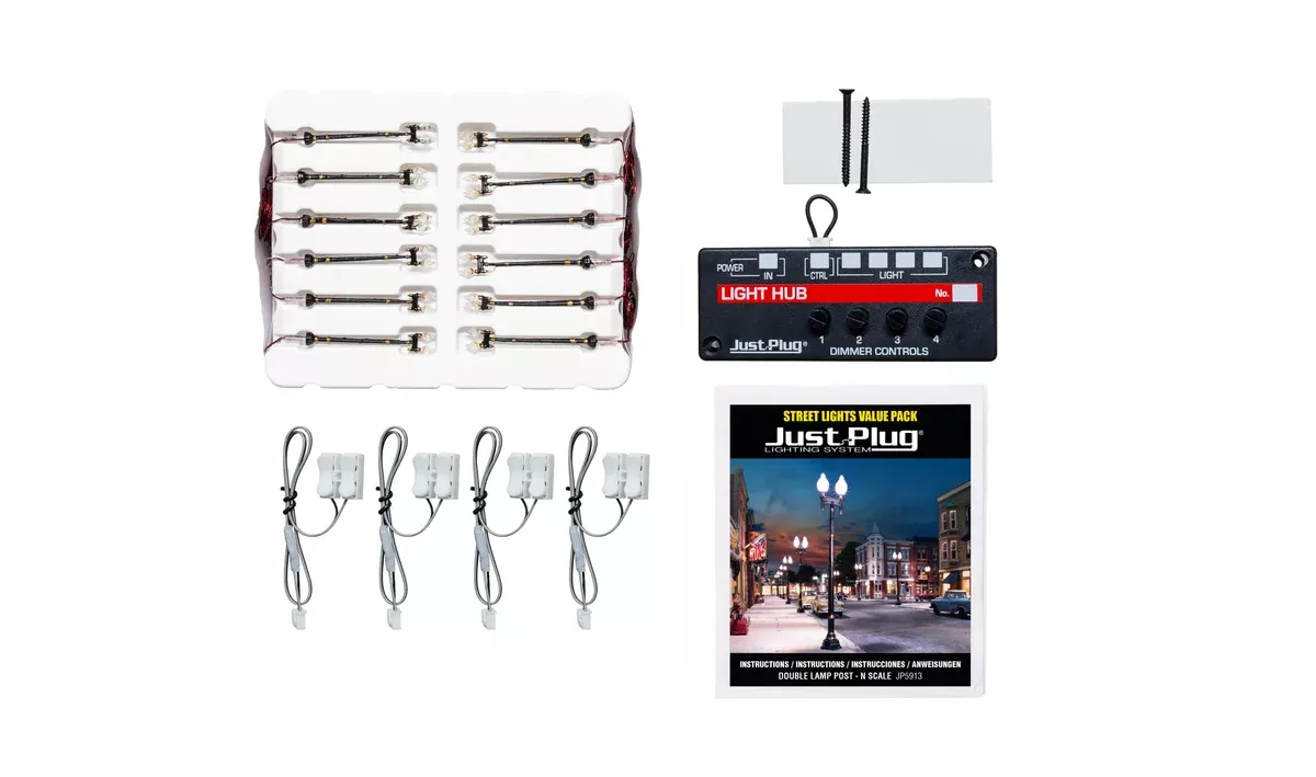 Woodland Scenics JP5913 N Scale Just Plug Value Pack Double Pole Lamp Post with Light Hub