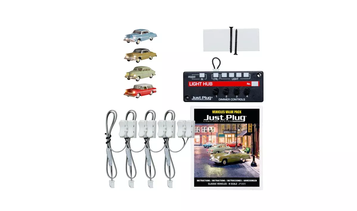 Woodland Scenics JP5920 N Scale Just Plug Value Pack Classic Vehicles with Light Hub