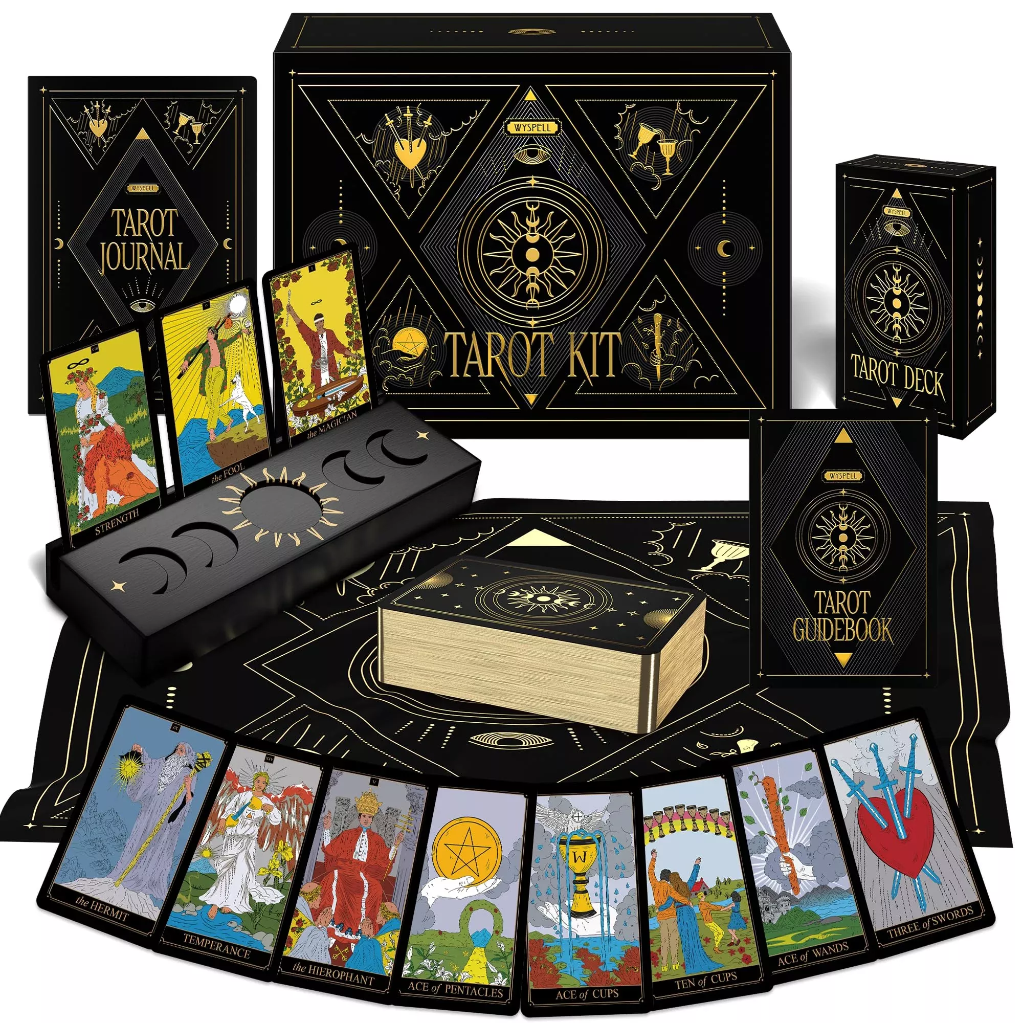 Wyspell Tarot Kit - Gold Tarot Cards, Guide Book, Cloth, Bag, Journal,