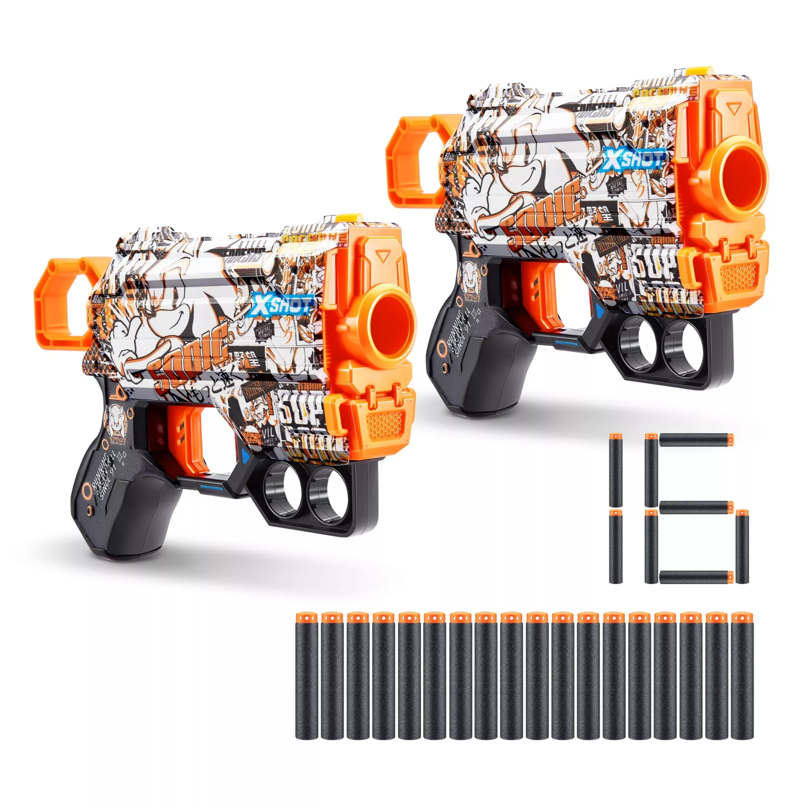 X-Shot Foam Dart Blaster - Menace Sonic Retro (2 Pack + 16 Darts), Sma