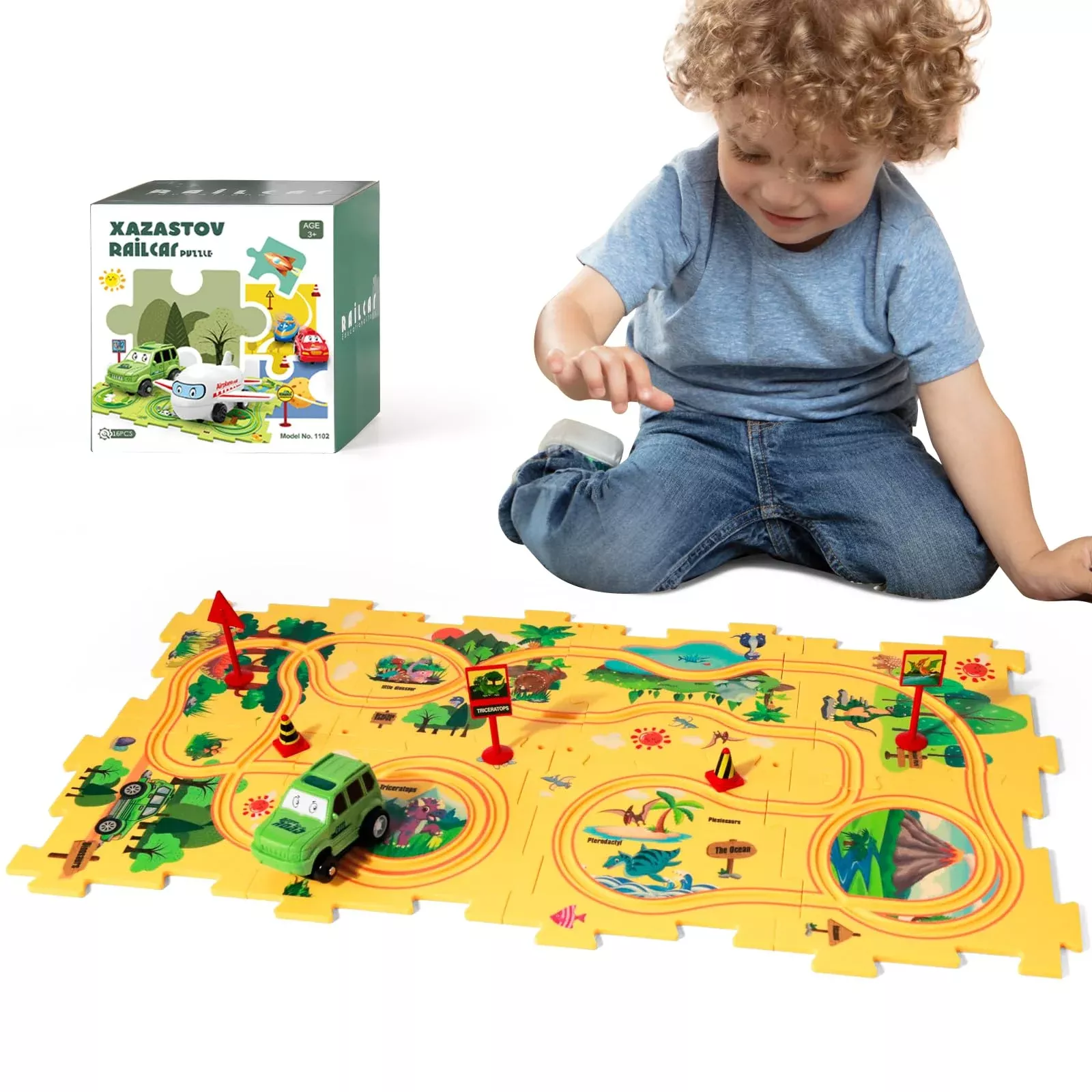 Xazastov Dinosaur Puzzle Track Car Play Set, Plastic Puzzles For Kids
