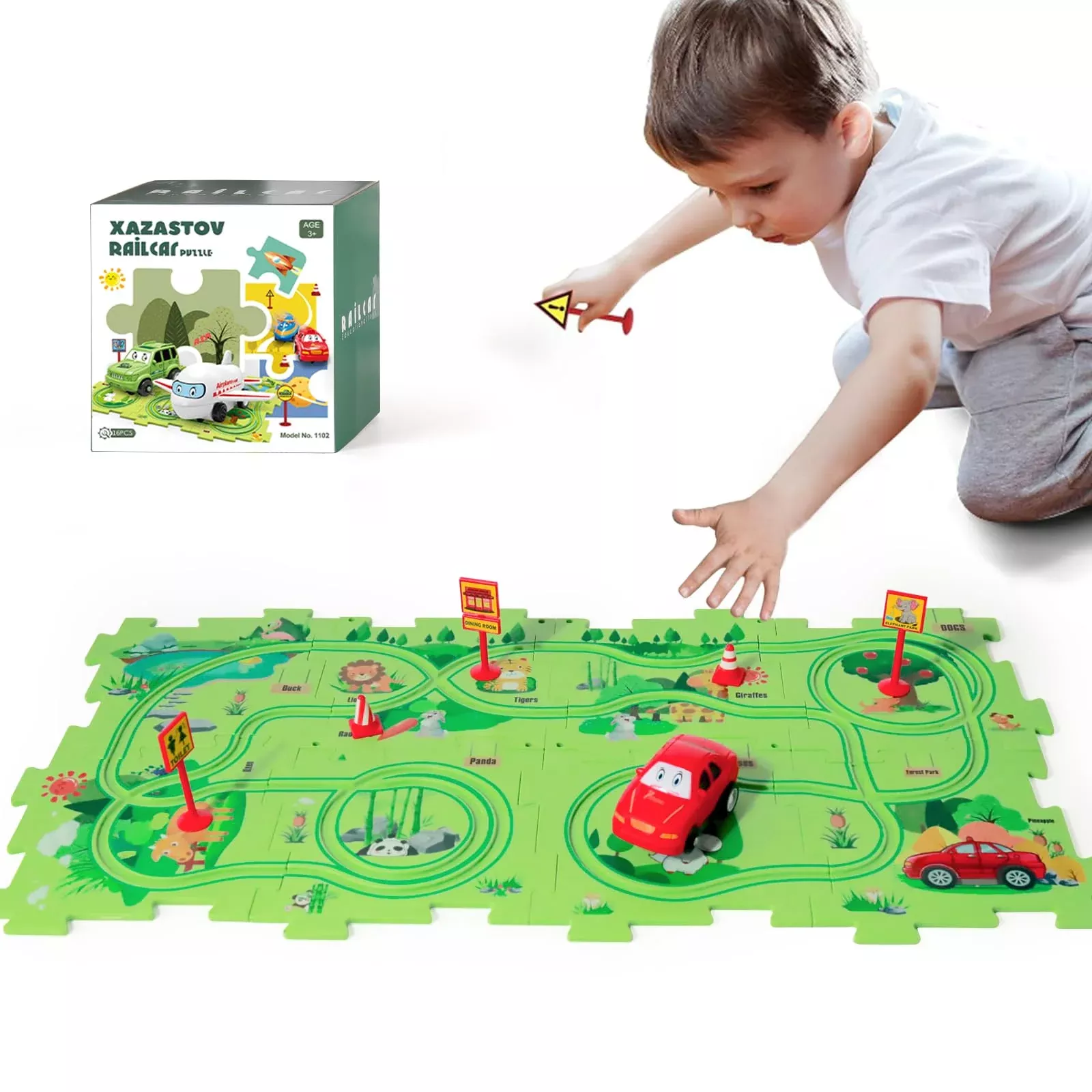 Xazastov Puzzle Track Car Play Set, Plastic Floor Puzzles For Kids Wit