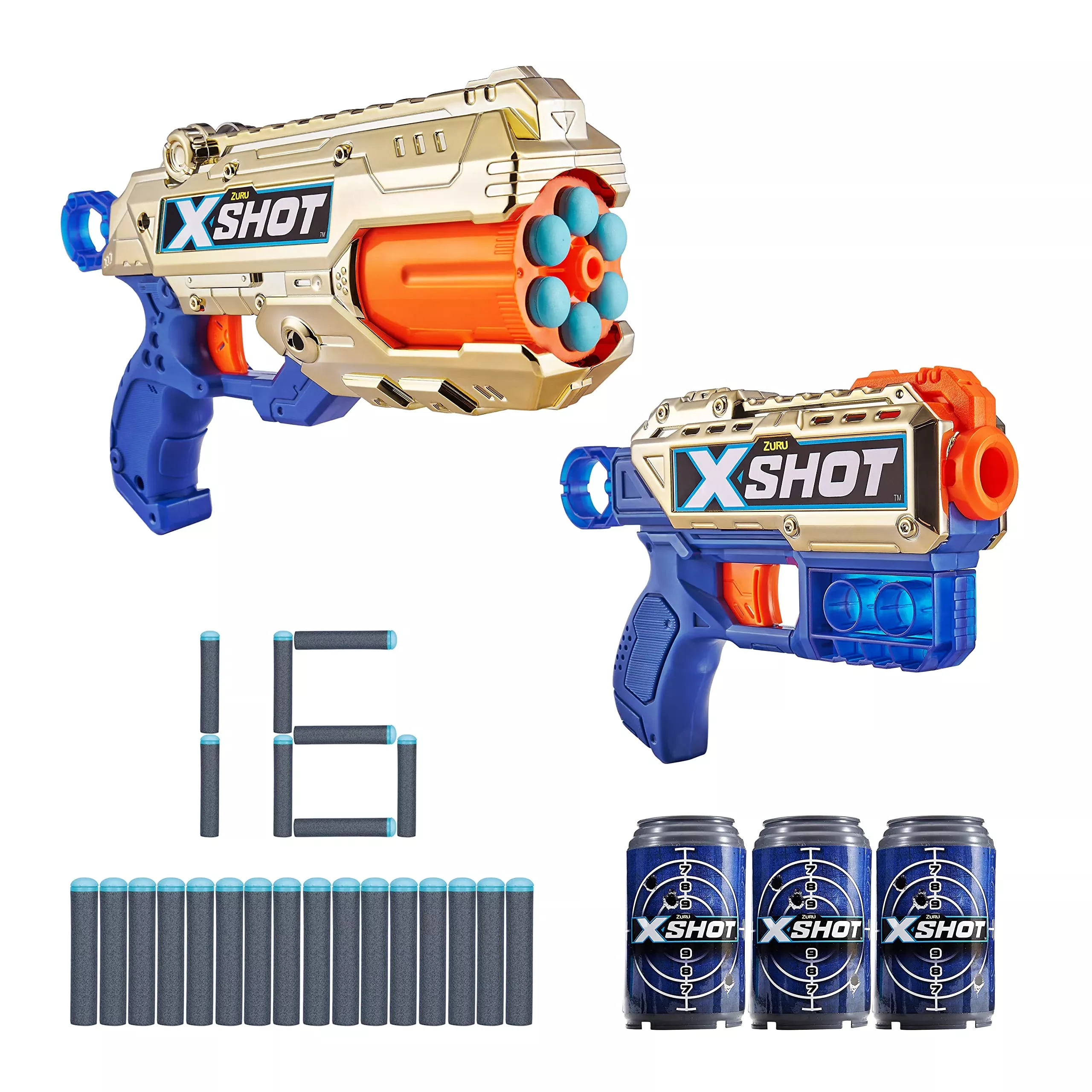 XShot Reflex 6 & Kickback Combo Pack, Golden Foam Dart Blaster, 3 Cans