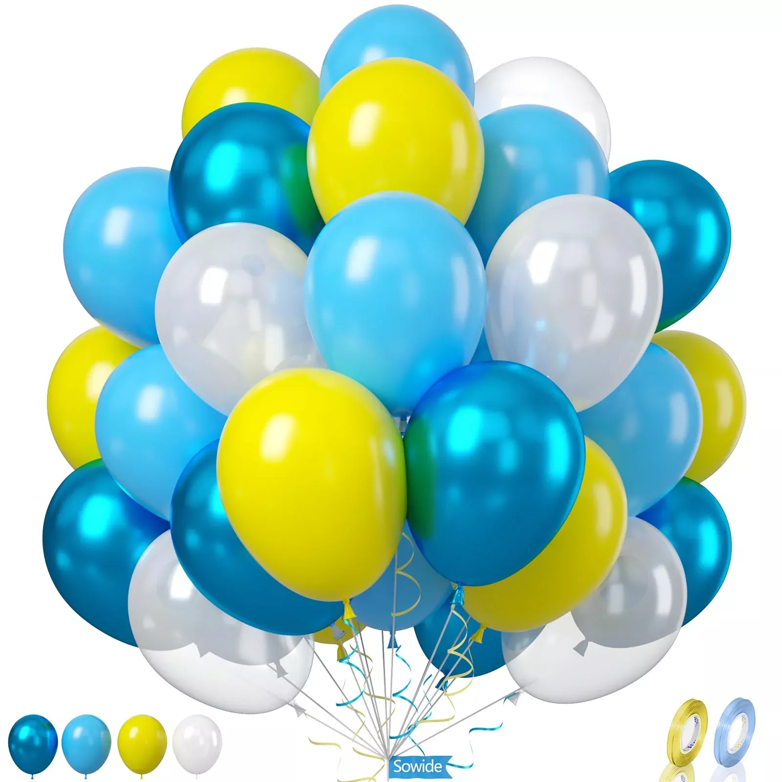 Yellow Blue Clear Balloon, 60 Pcs 12 Inches Metallic Blue Sponge Theme