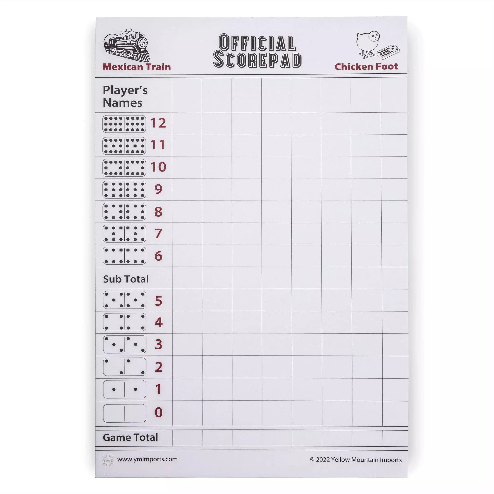 Yellow Mountain Imports Scorepad for Mexican Train & Chicken Foot, 60 Sheets, White