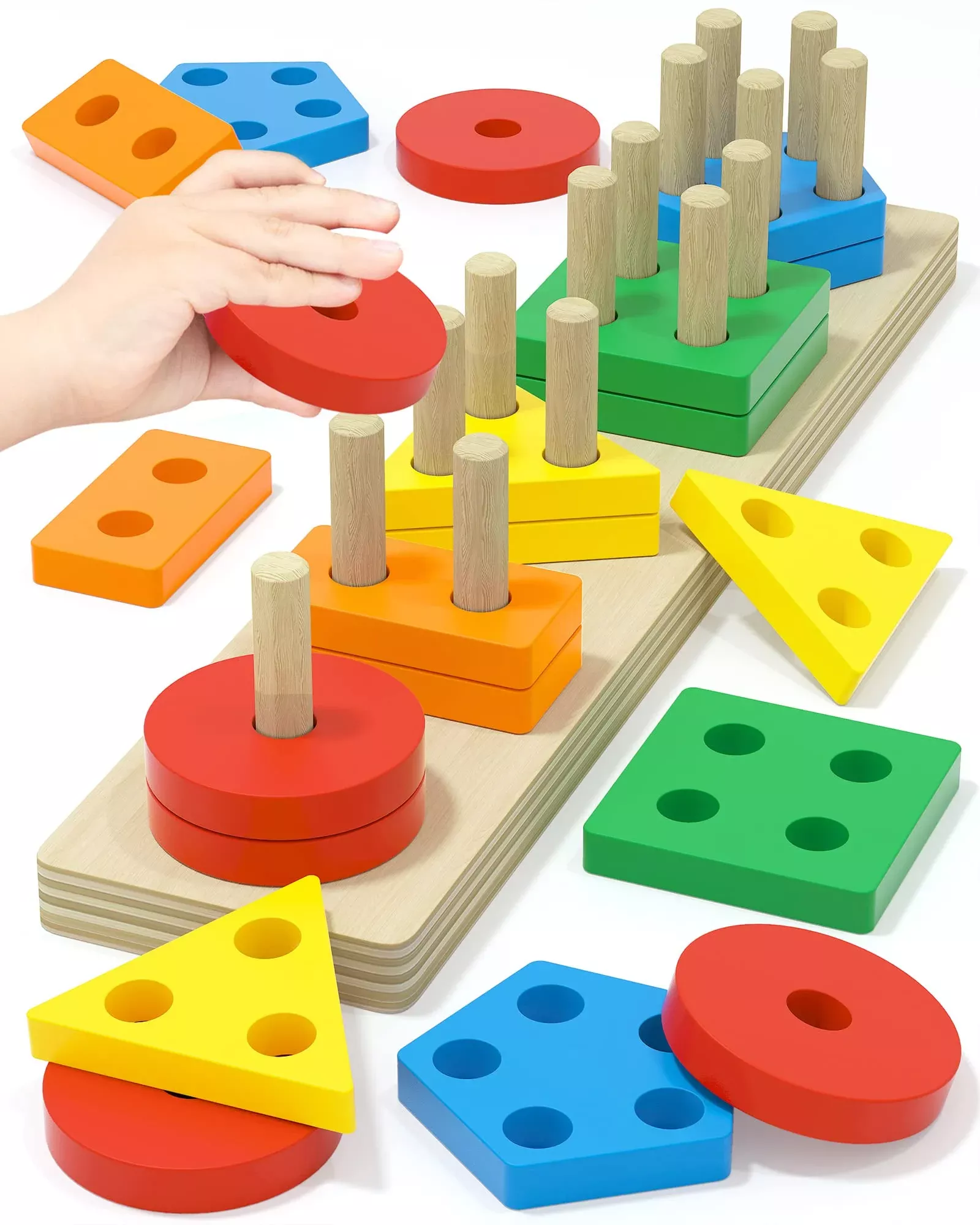 Yetonamr Montessori Wooden Stacking Puzzle Toy, Rainbow, Medium