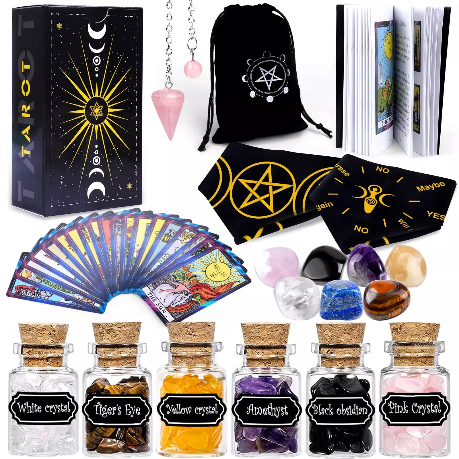 YixangDD Tarot Cards Set with Guide Book, 78 Cards, 6 Mini Crystal Jar
