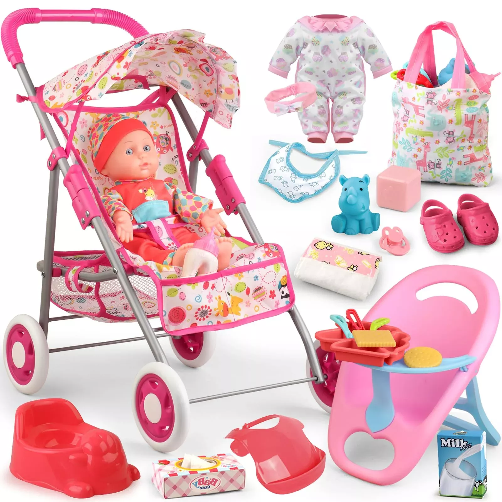 YIYBM Baby Doll Stroller Set for 12 inch Dolls, Pink, 14