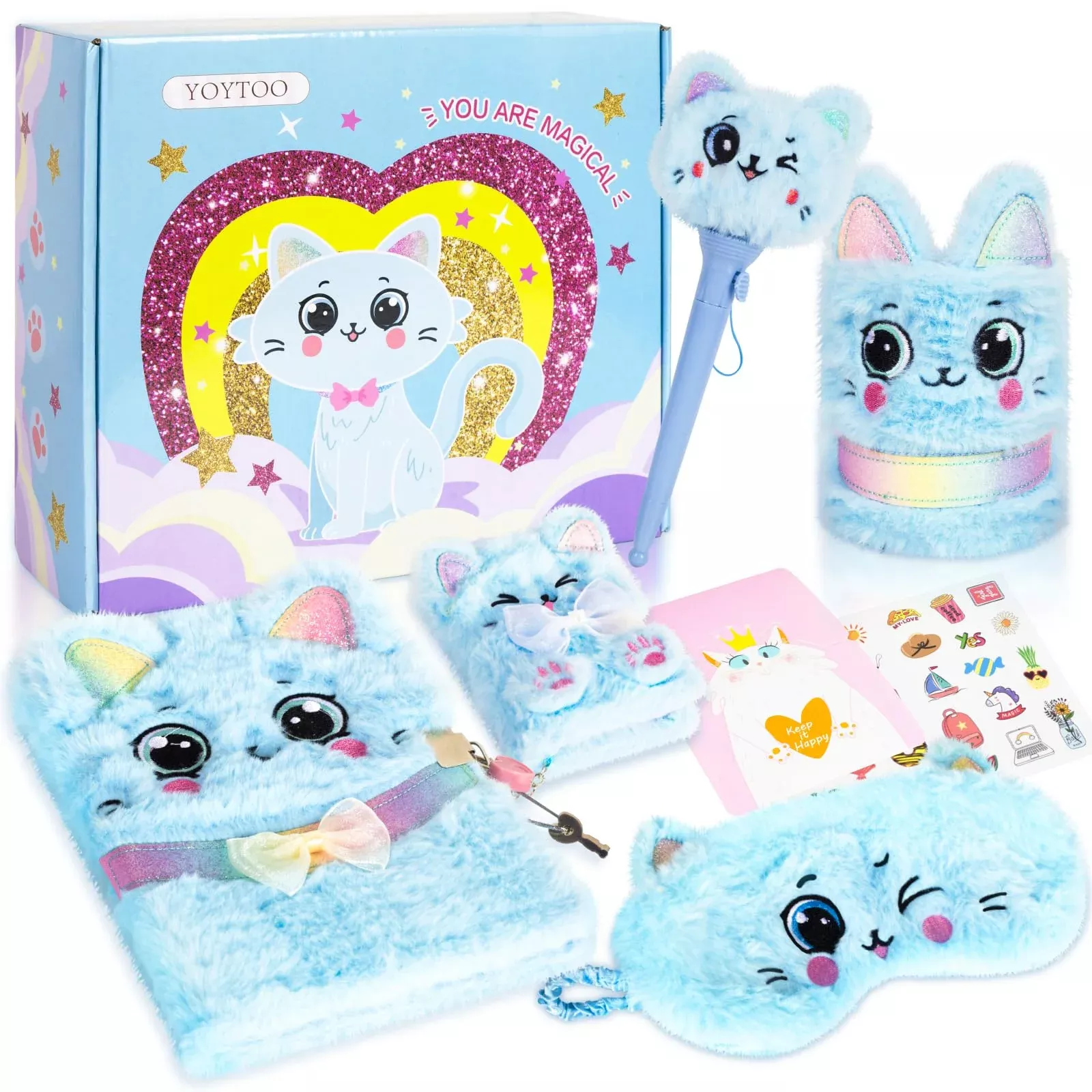 YOYTOO Cat Plush Toy Gift Set for Girls - Blue Cat, A5 Diary &