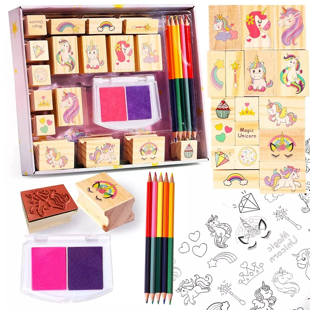 YOYTOO Unicorn Stamp and Sticker Kit for Kids, 17 Pcs, Medium
