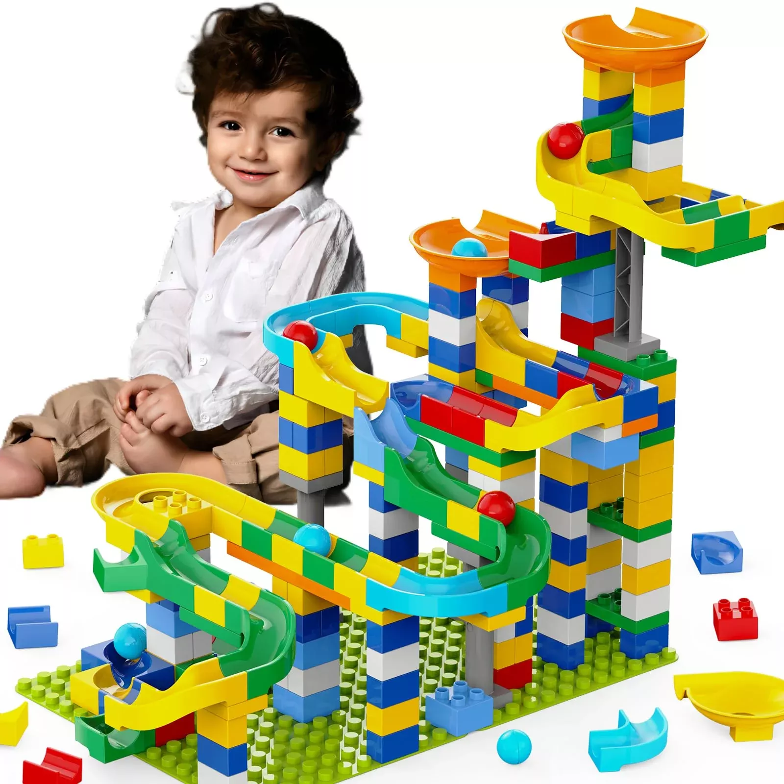 YY LANDTOYS Marble Run Building Blocks Set, Multi-colored, 246 Pieces