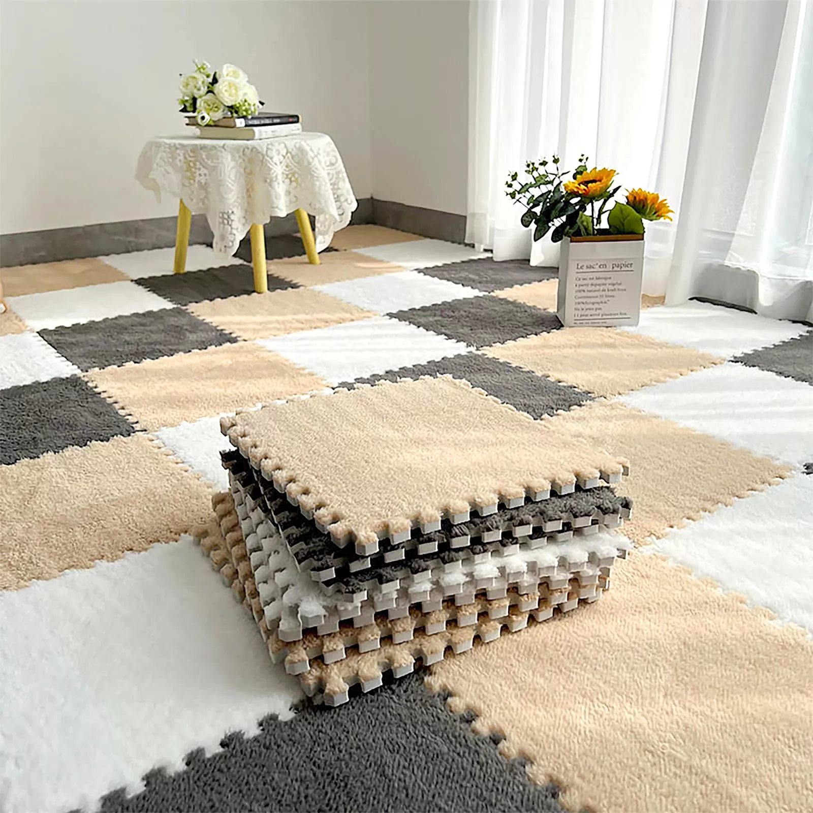 ZENOWICK Plush Interlocking Carpet Tiles for Kids, 12P, White/Grey/B