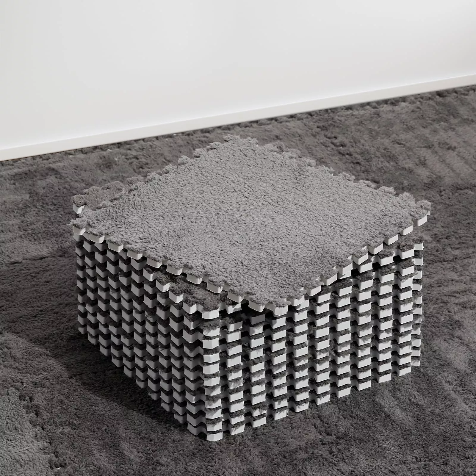 ZENOWICK Plush Interlocking Foam Carpet Tiles 12P Gray for Kids