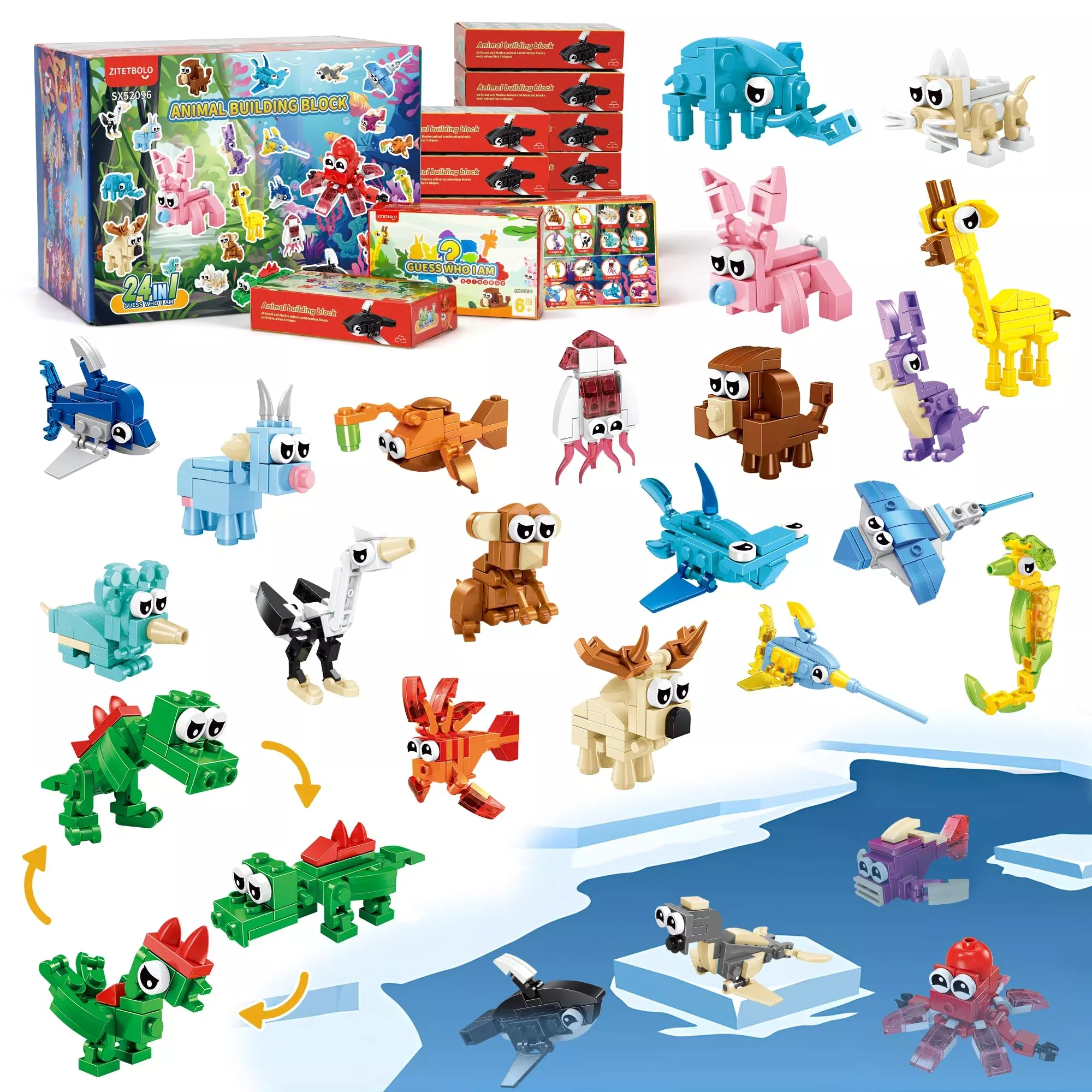 Zitetbolo 24 Pack Animal Building Blocks 3in1 Toy Multicolor Small