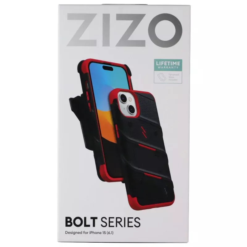 ZIZO Bolt Bundle with Case/Holster/Tempered Glass for iPhone 15 - Black/Red