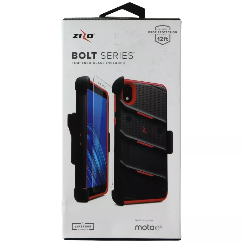 Zizo Bolt Series Case & Holster with Tempered Glass for Moto E6 - Black/Red