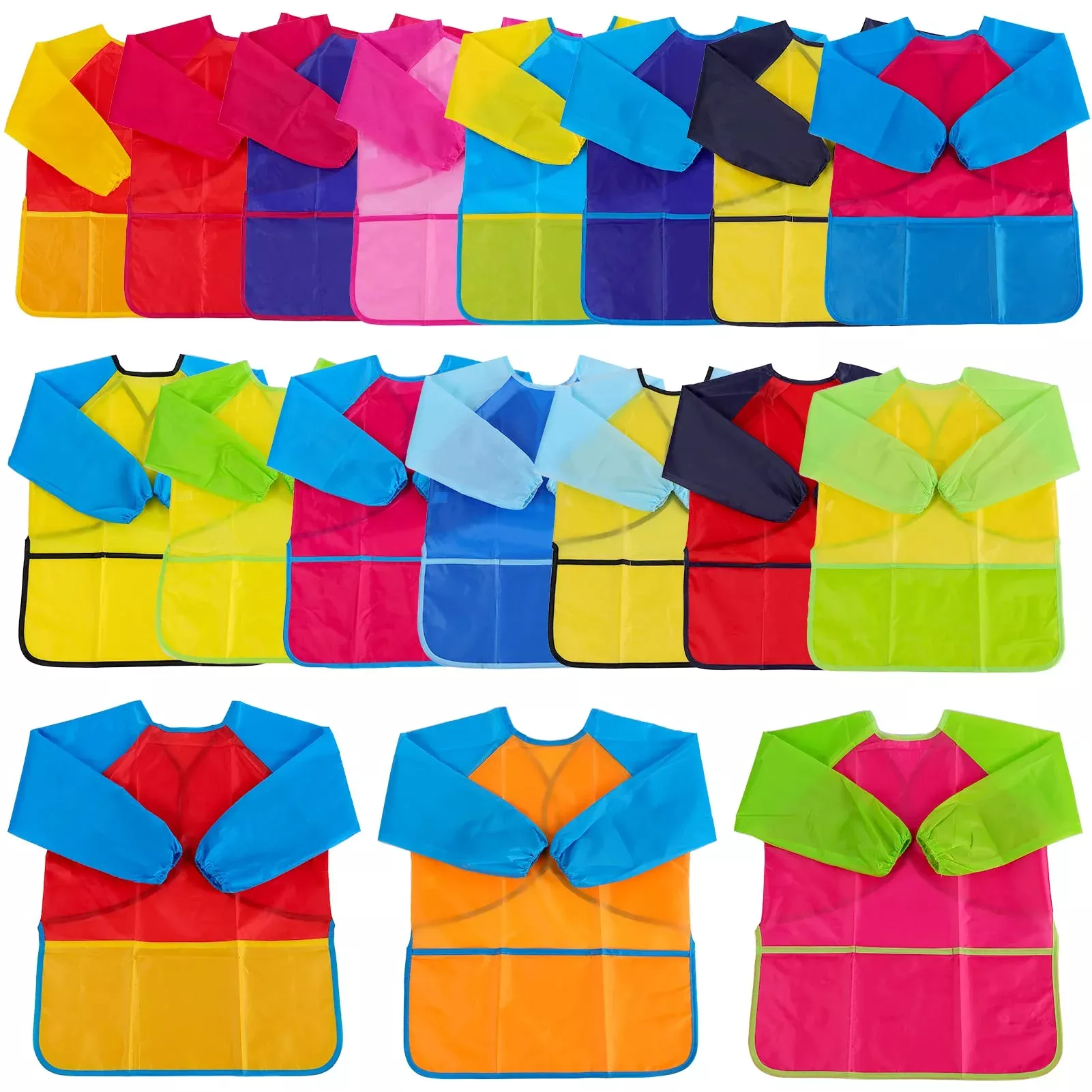 Zkptops Kids Art Smocks 18 Pack Waterproof Polyester Medium Blue Pink Yellow