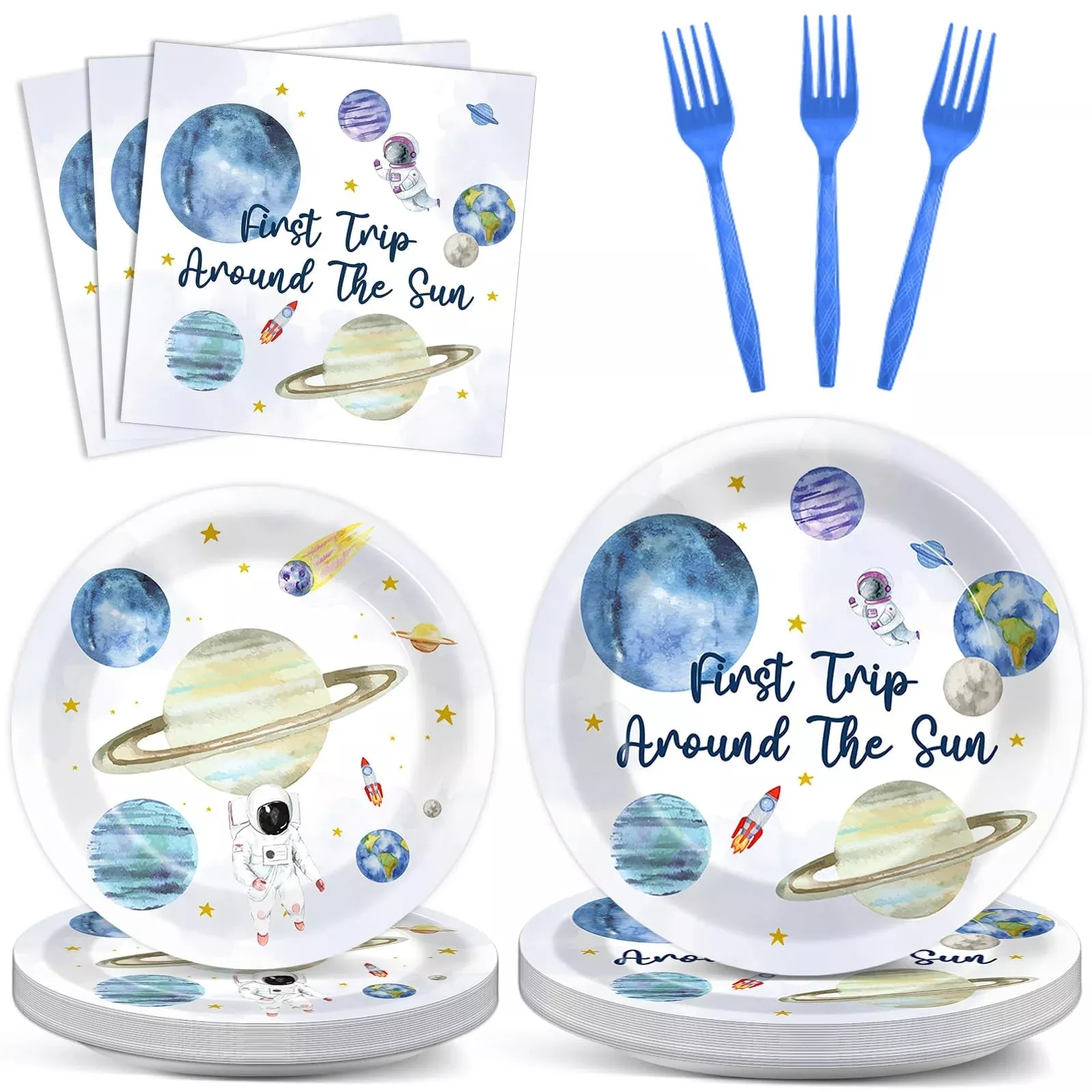 ZOIIWA 200-Piece Space Birthday Party Supplies, Blue, Disposable Tableware