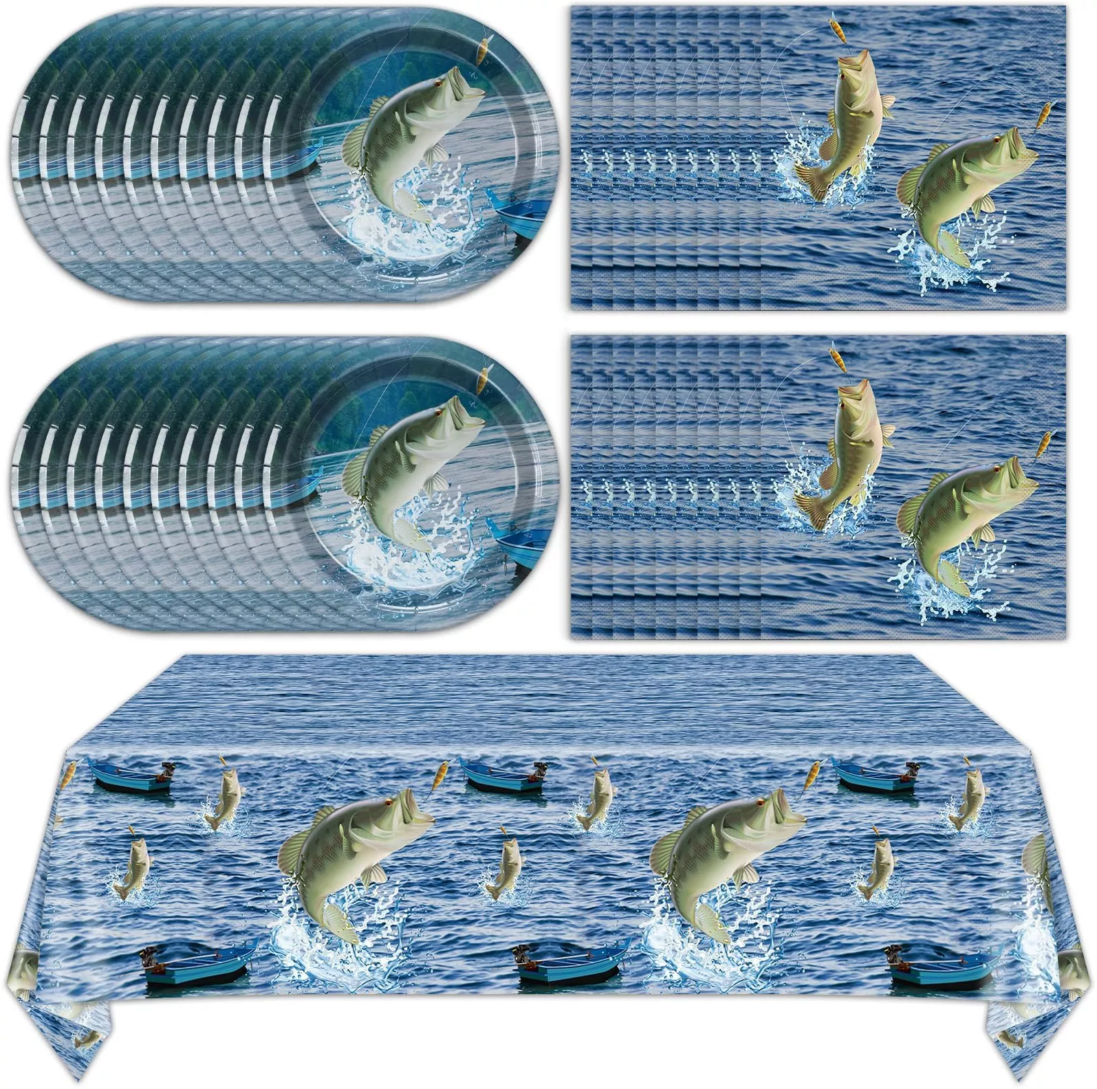 ZOIIWA Fishing Themed Tableware Set, 41 Pcs, Blue, Disposable