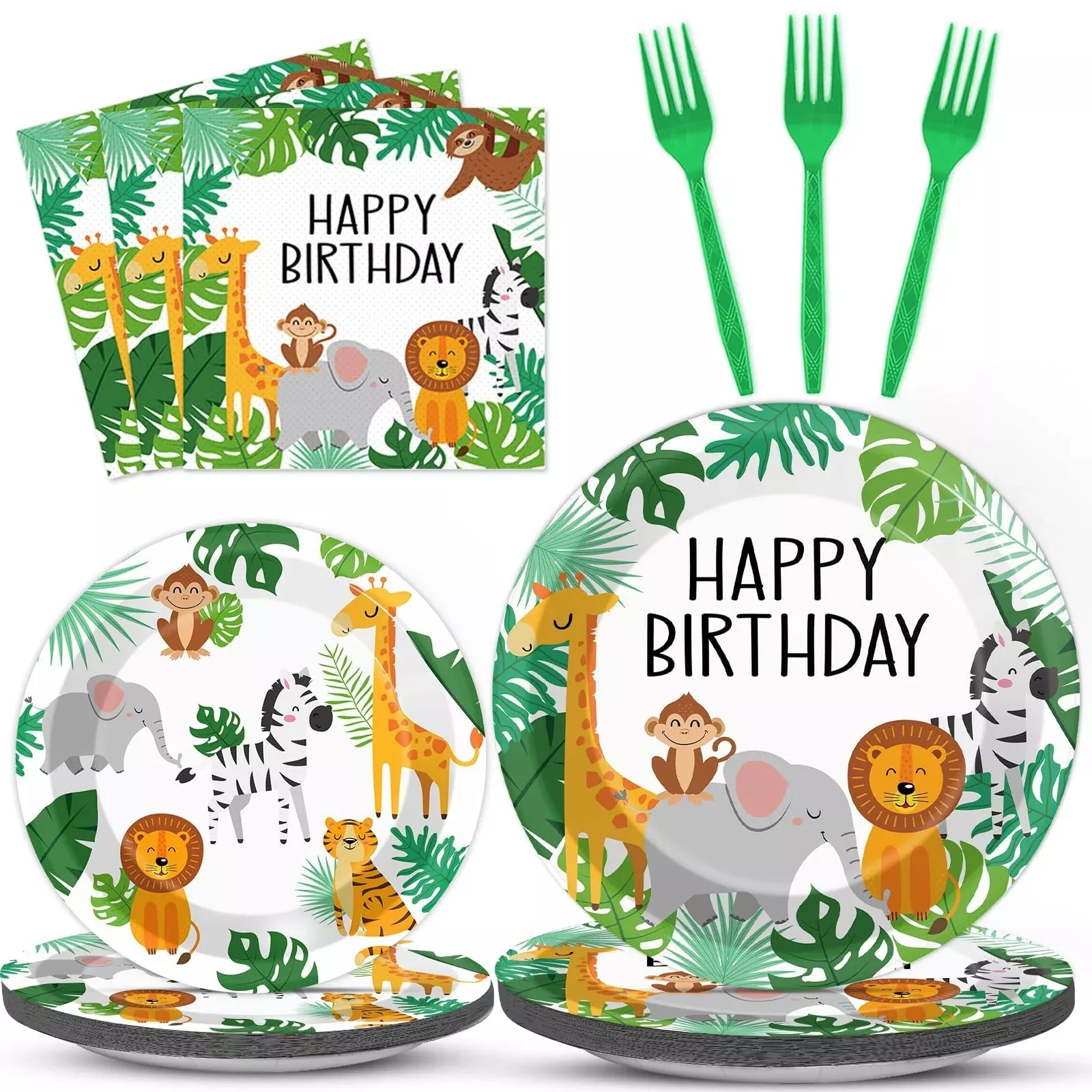 ZOIIWA Jungle Birthday Party Tableware Set for 24 Guests, Multicolor