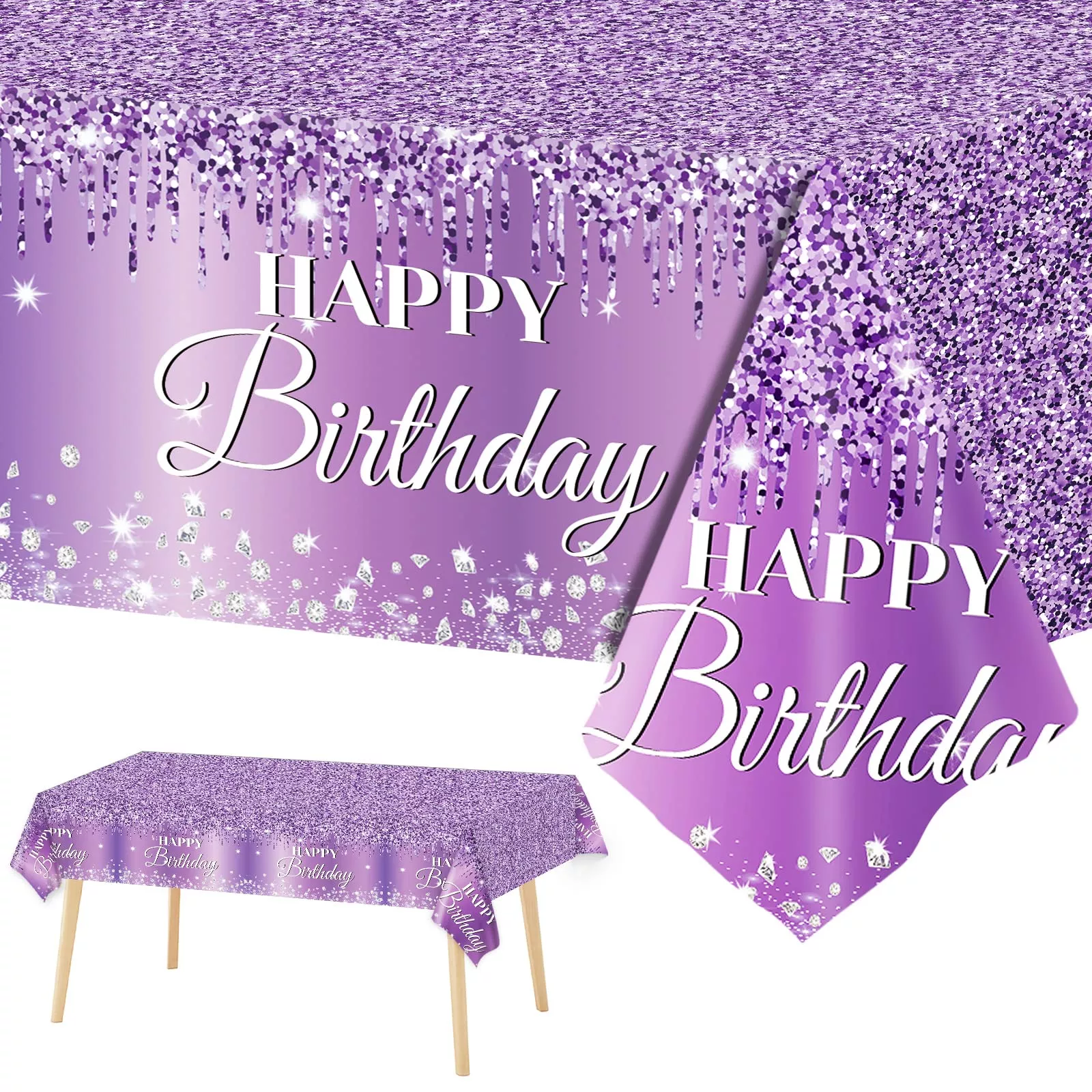 ZOIIWA Purple Silver Birthday Tablecloths 54"x108" Plastic 3 Pack