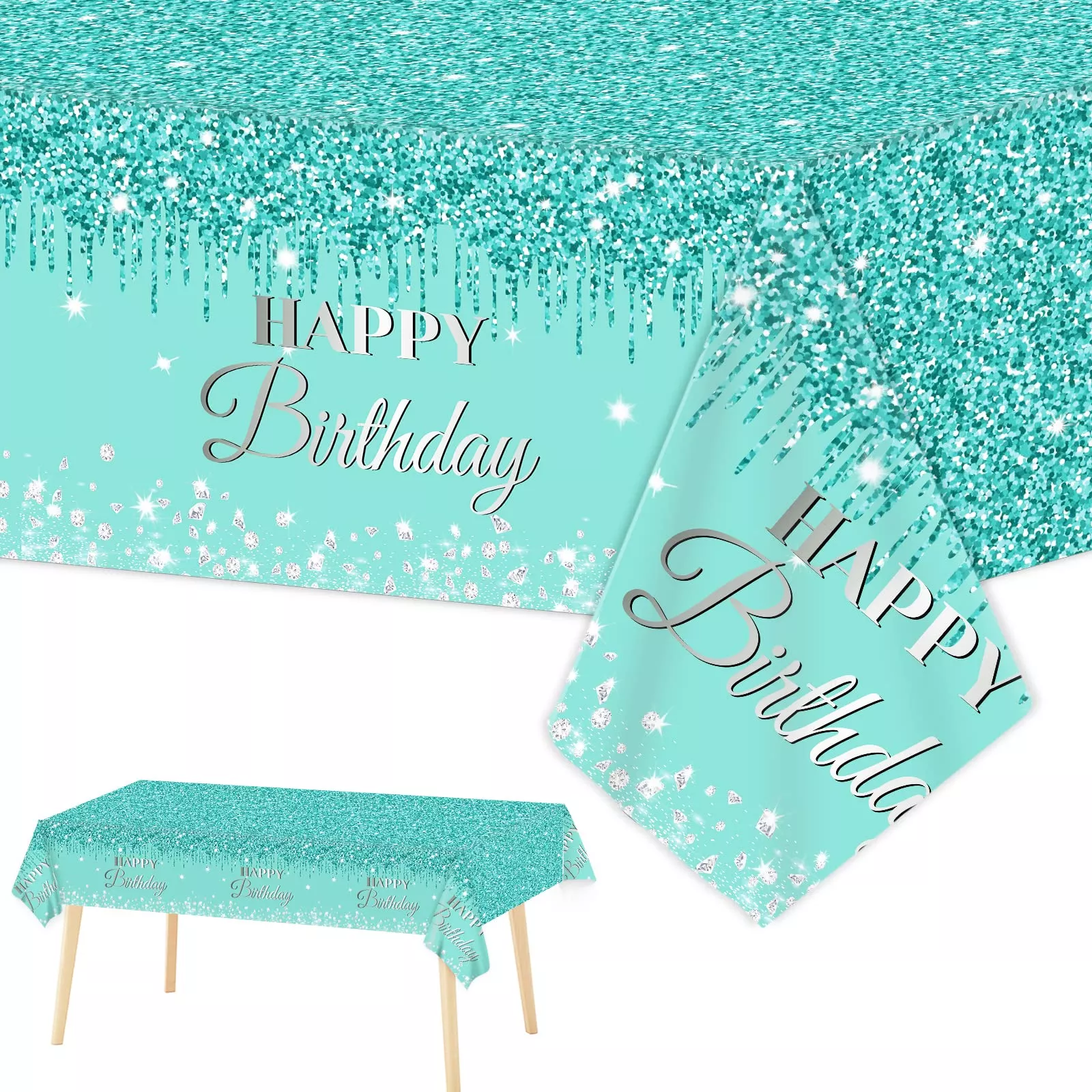 ZOIIWA Teal Silver Birthday Tablecloths 54x108 Inches, 3 Pack